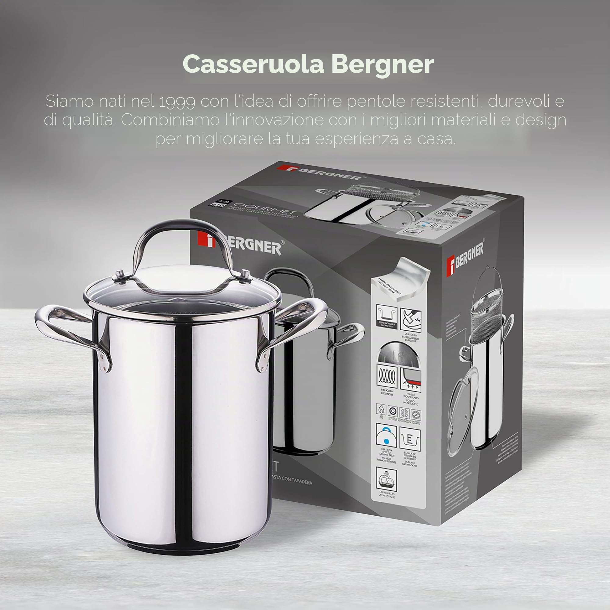 BERGNER Gourmet | Pentola da Cucina per Pasta | Coperchio di Vetro, Scolapasta e Capacità di 4,2L | Acciaio Inox | Molto Resistente, Pulizia Facile e Per Tutti i Piani Cottura