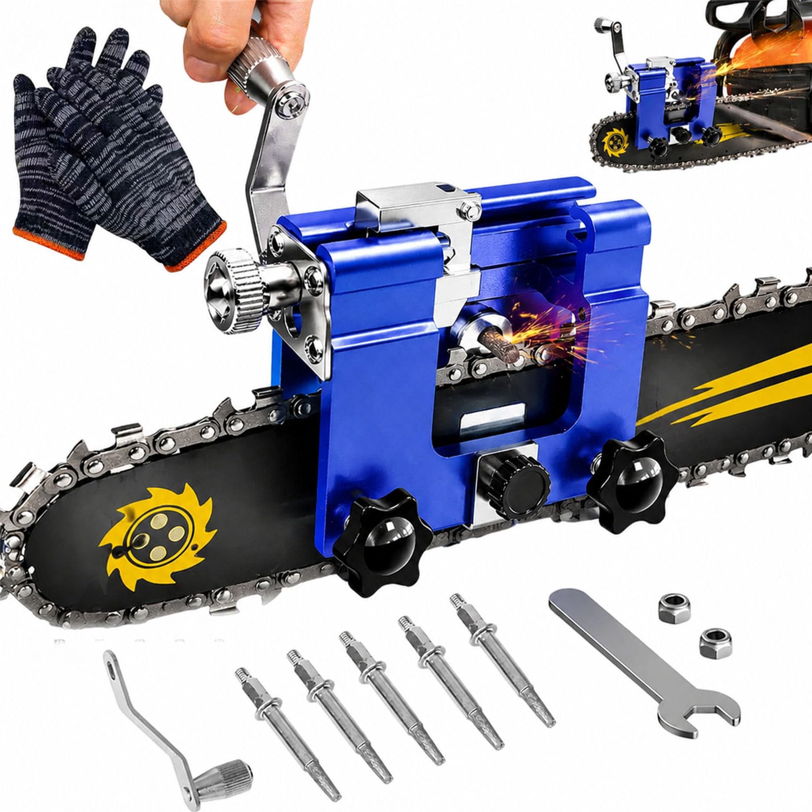 Qinux Klampero Chainsaw Sharpener, Klampero Chain Sharpener, Hand Crank Chainsaw Sharpeners Kit, All Chainsaws Chains with 1，3，5 Sharpening Steels get a Sharp and Even Edge (5-B)