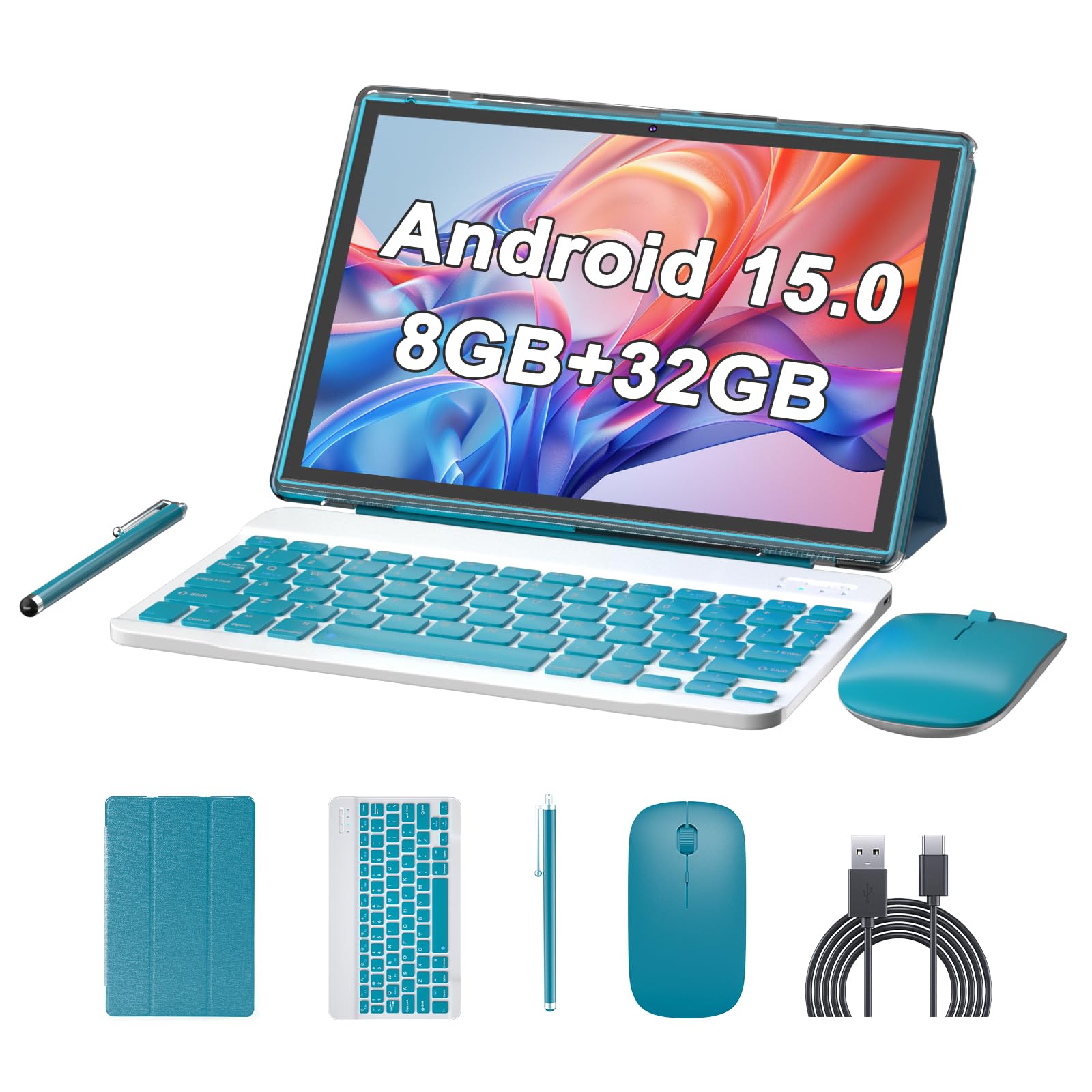10 inch Android 15 Tablet with Keyboard Stylus, 8GB RAM 2 in 1 Tableta, Includes Mouse & Protective Case, 6000mAh Battery, Wi-Fi 6,Dual Camera, 32GB ROM,tablet set pc - Tablets with case (Navy blue)-image-32