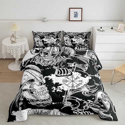 Feelyou Ancient Viking - Juego de edredón de tamaño Queen suave con funda de almohada, juego de edredón retro de océano náutico, juego de edredón de