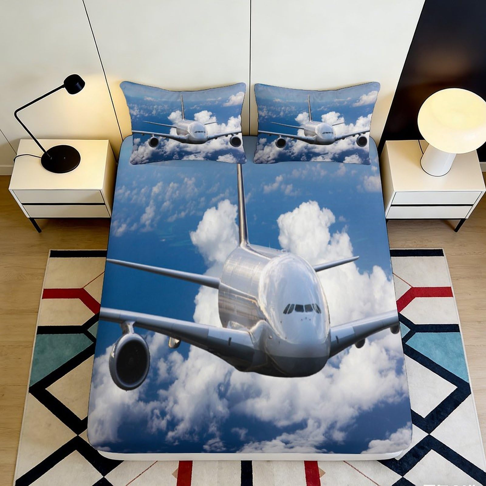 3D Printed Airplane Fitted Sheet Microfiber Soft Breathable Cloud Sky Bed Cover for Bedroom Dormitory Guest Room Mattress Protection Decor 180x200x25cm