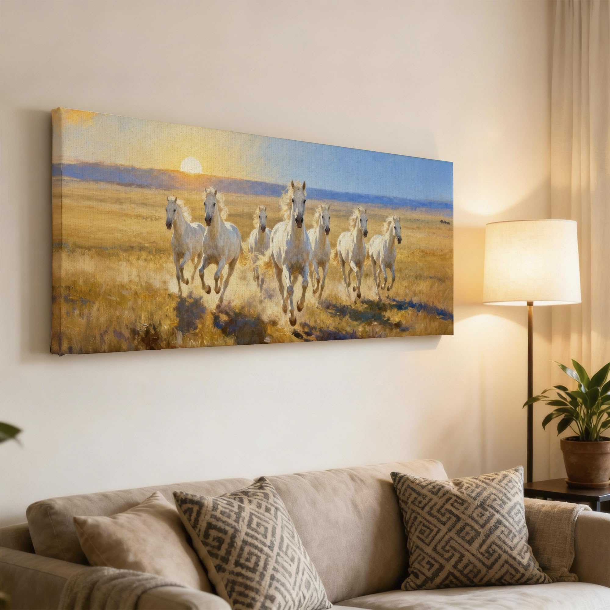 SoulAbiti Vastu Seven White Horses Calm Morning Unframed 36x14 inches Rolled Canvas Wall Realism Art UV Print Painting for Living Room, Bedroom & Office Decor Premium Gloss Vivid Fade-Resistant Print 2