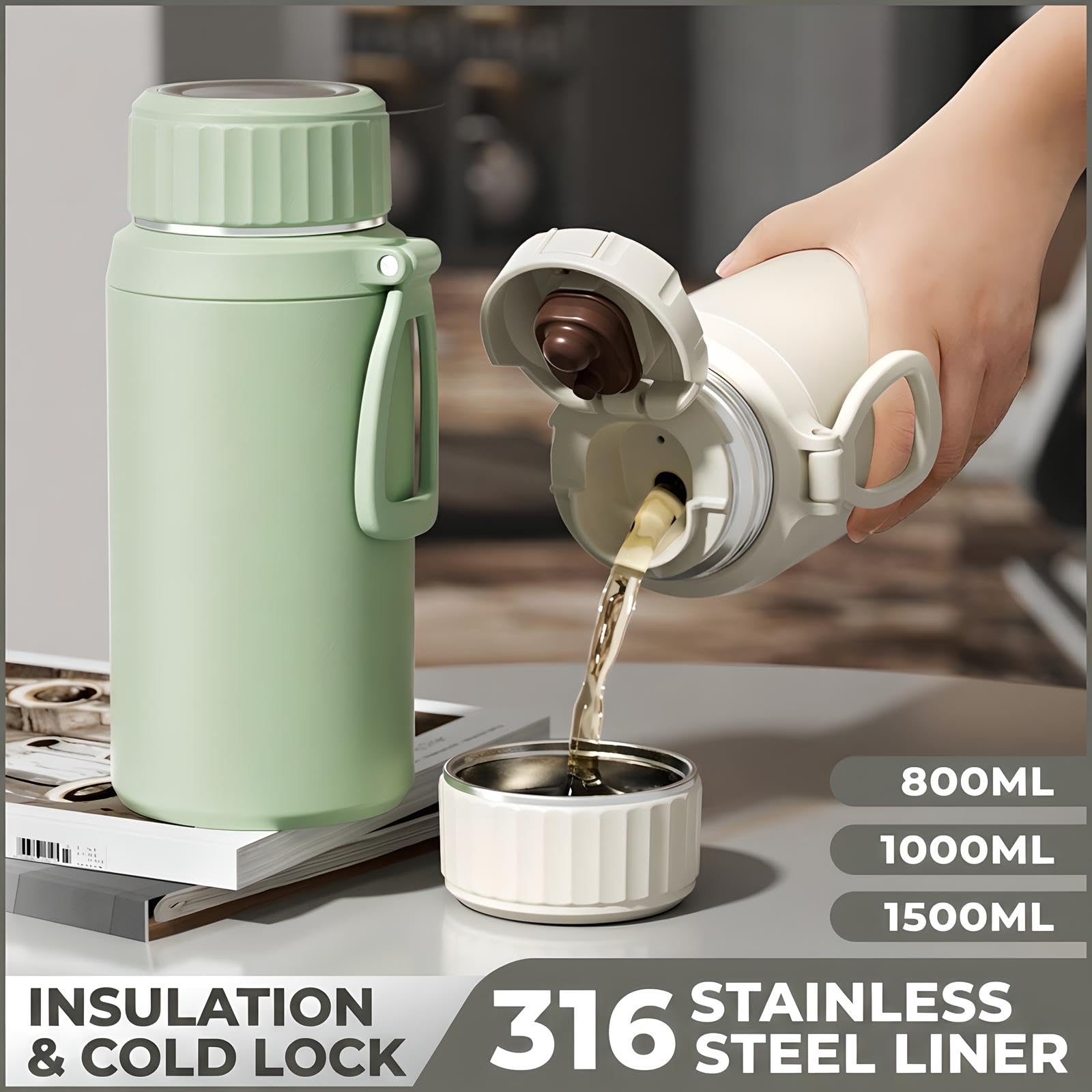 Botella de agua de acero inoxidable 316 de 1 L/1,5 L, termo aislado al vacío con infusor de té desmontable, sin BPA, taza de viaje a prueba de fugas, mantiene el calor y el frío durante más