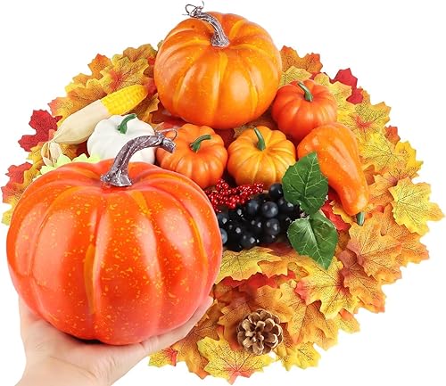 Kalolary 117 piezas de decoraciones de otoño grandes calabazas artificiales de hojas de arce, bellotas, conos de pino para Halloween, Acción de