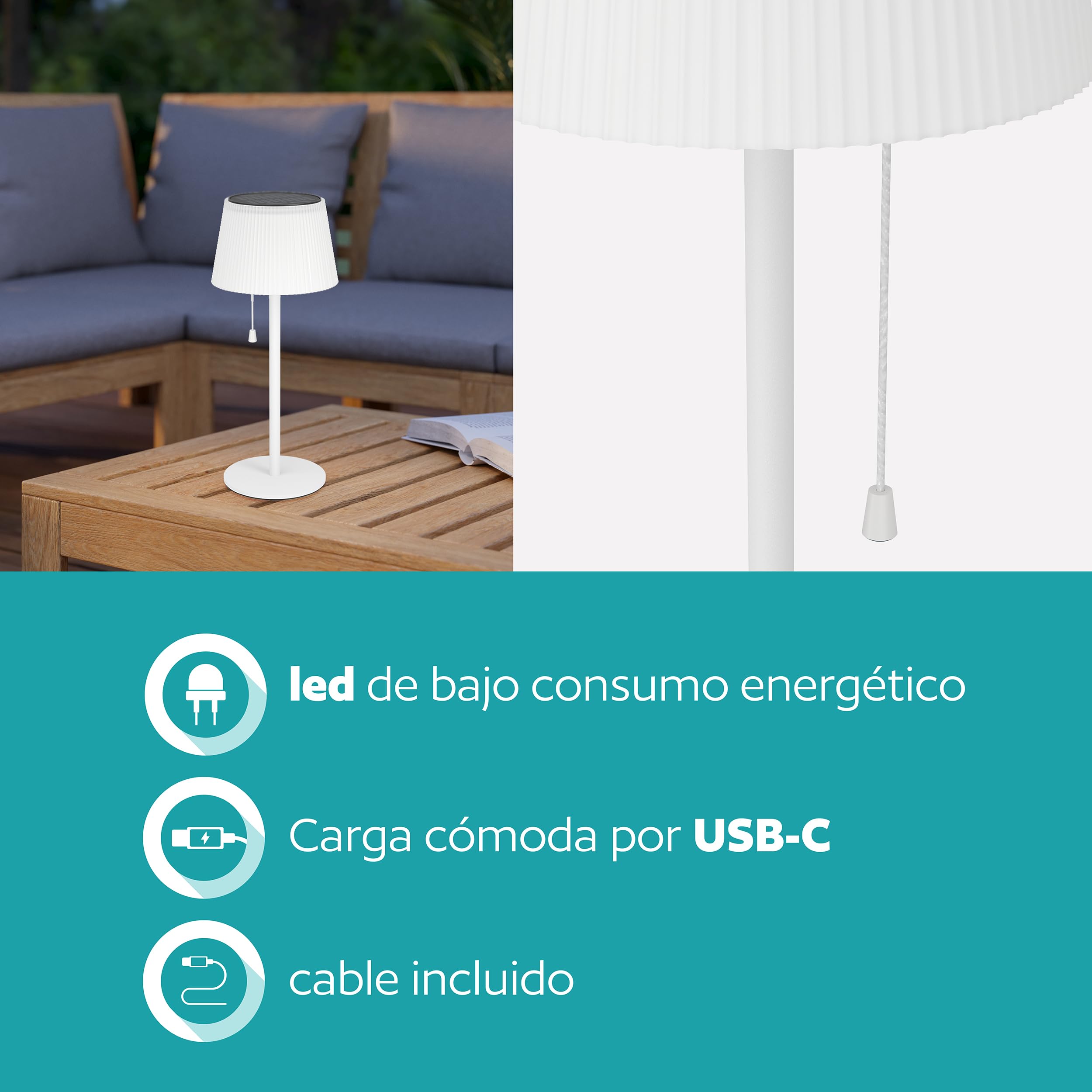 EGLO Scordiano Lámpara de mesa solar para exteriores, con batería, con interruptor de cadena, inalámbrica, acero y plástico en blanco, cálido - frío, IP44