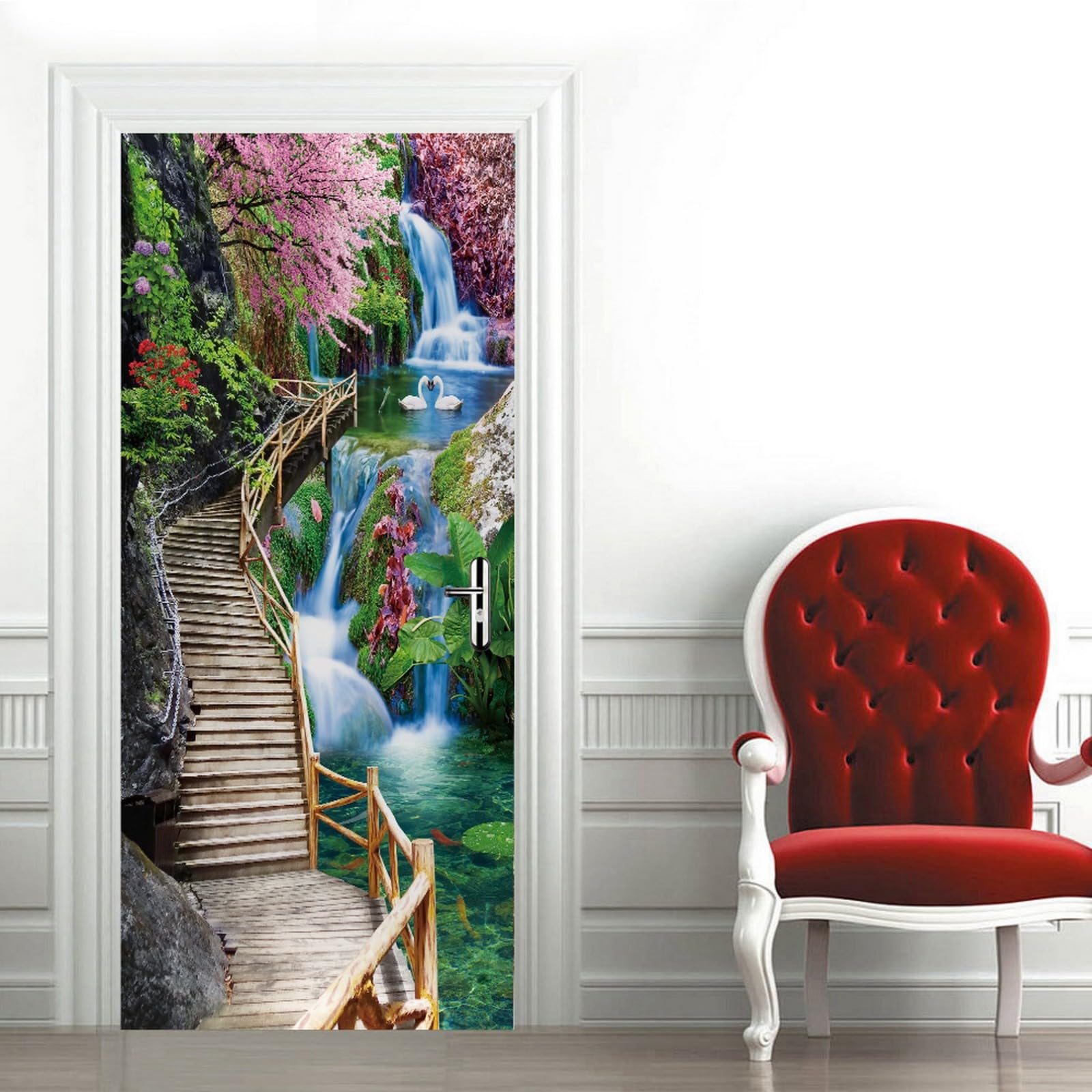 A.Monamour Adesivo Porta Autoadesiva 3D Passerella In Legno Fino Alla Cima Del Paesaggio Del Giardino A Cascata Vinile PVC Adesivi per Porte Interne Pellicola Adesiva Poster Murale Parete 90x200cm