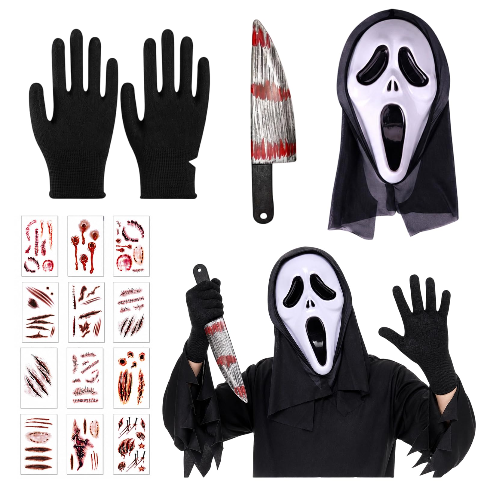 JaiZvt Scream Mask, Ghostface Mask, 15 Pcs Scary Halloween Costume Set with Temporary Tattoos, Halloween Party Masks for Cosplay Events and Haunted House Decorations