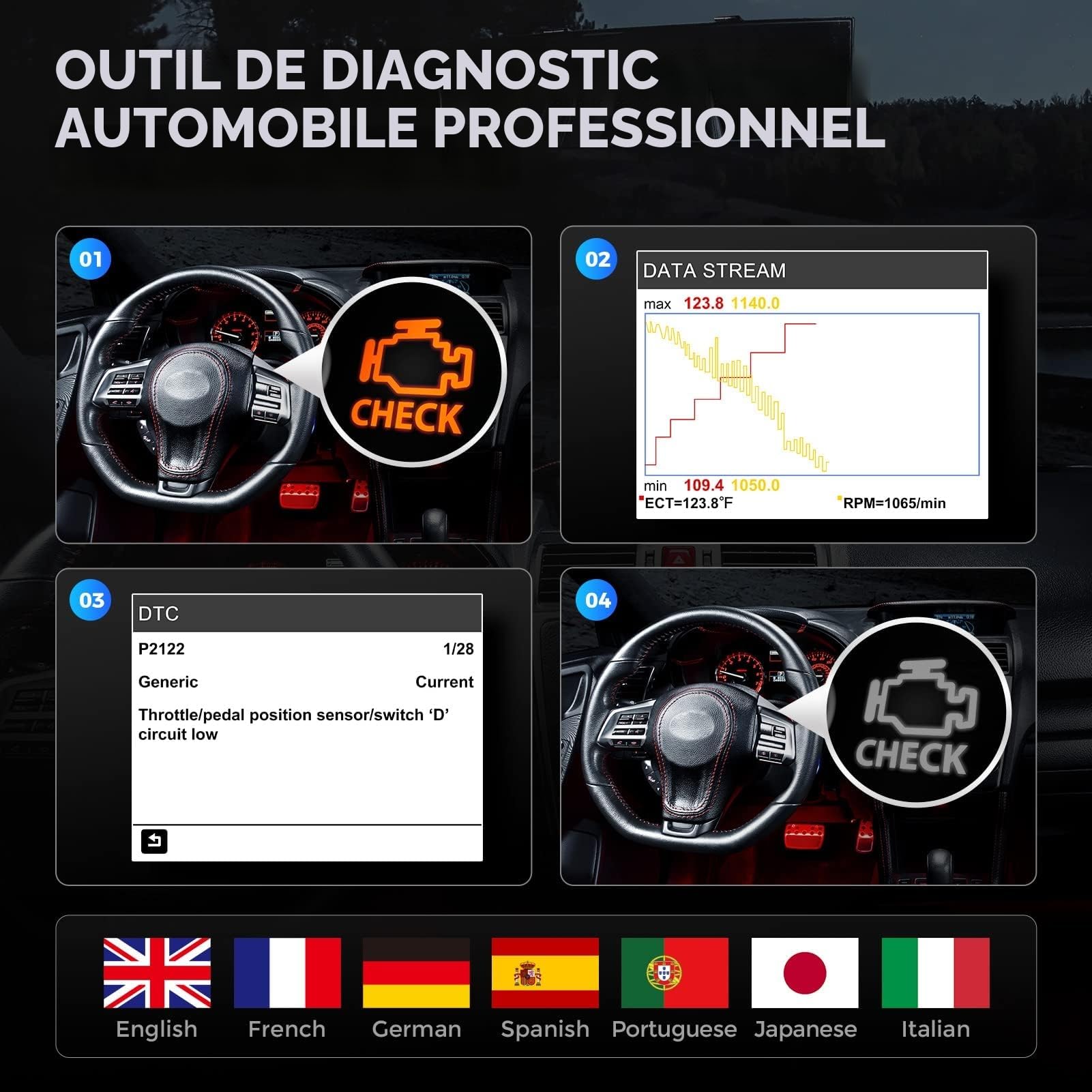 TOPDON AL400 Lecteur de Codes OBD2, 10 Fonctions OBD2, Vérification du Voyant Moteur/Test d'émissions polluantes/Test du capteur O2 / EVAP, Mise à Jour Gratuite à Vie