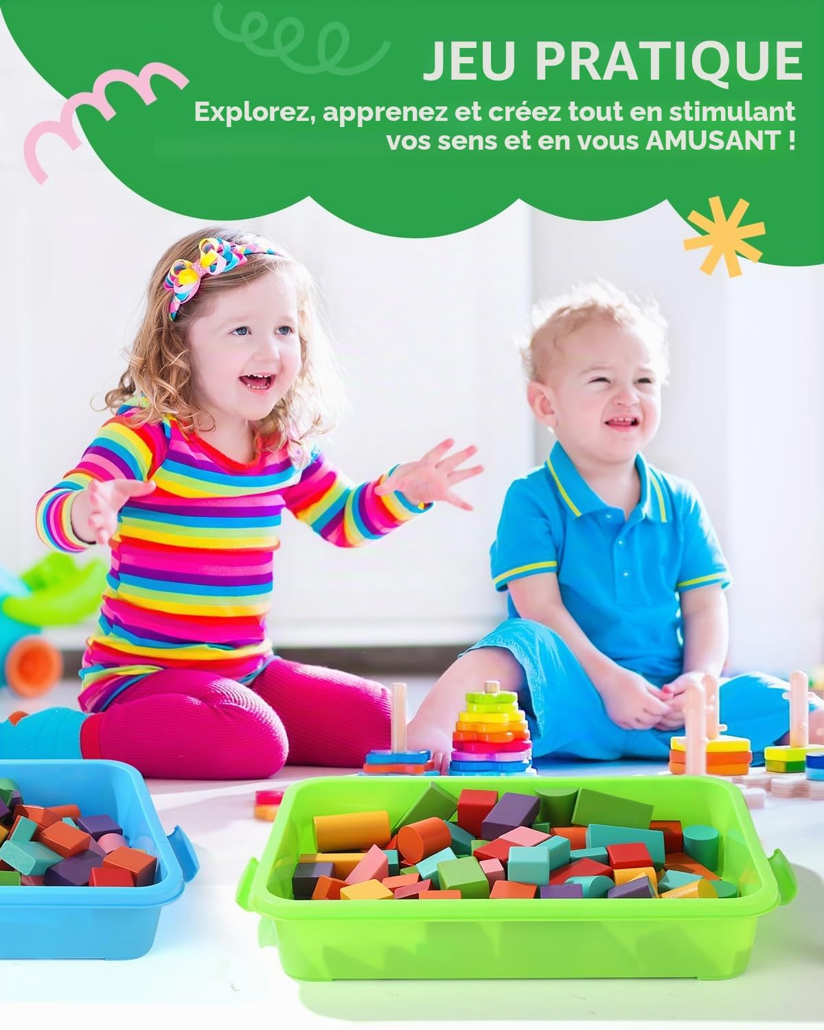 Lot de 2 Plateaux de Jeu Sensoriels Portables de 15 Pouces avec Couvercle pour Enfants - Bac à Sable avec Espace pour Eau,Sable,Perles(Vert,Bleu)