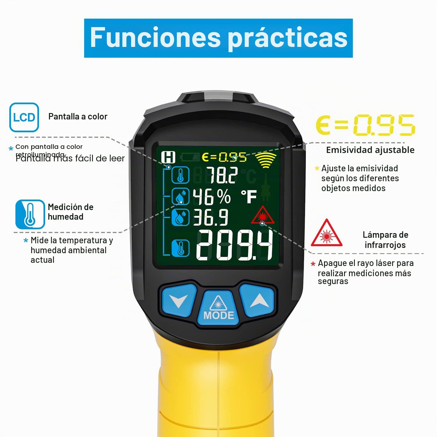 Termómetro Infrarrojo MESTEK -50°C~800°C Pistola Temperatura Laser Sin Contacto Pantalla LCD Color Ajuste Emisividad