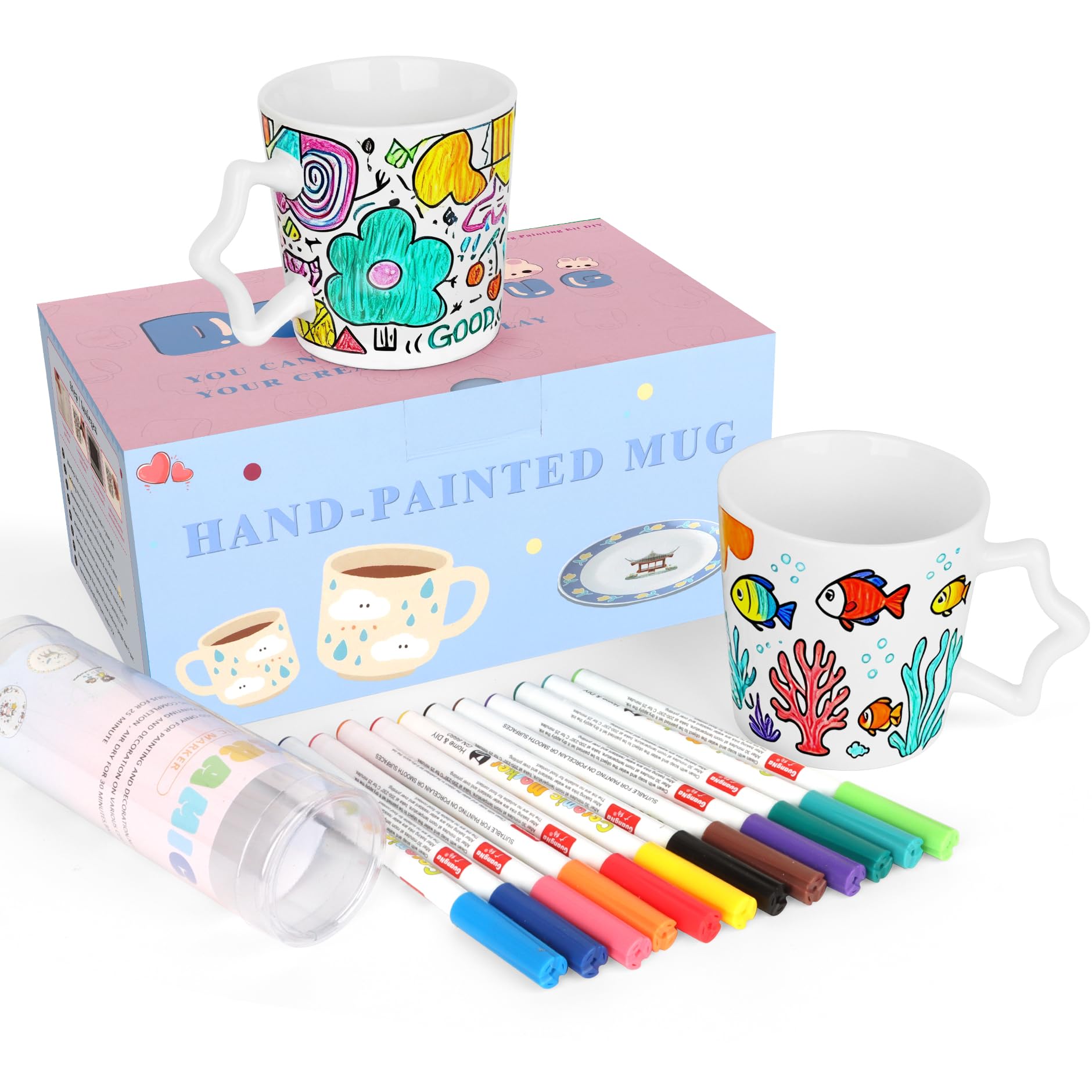 Topspitgo Keramik Bemalen Set, Tassen bemalen set für erwachsene diy kreativ zuhause kunstbedarf, 2 Tasse with porzellanstifte (12 Farben)