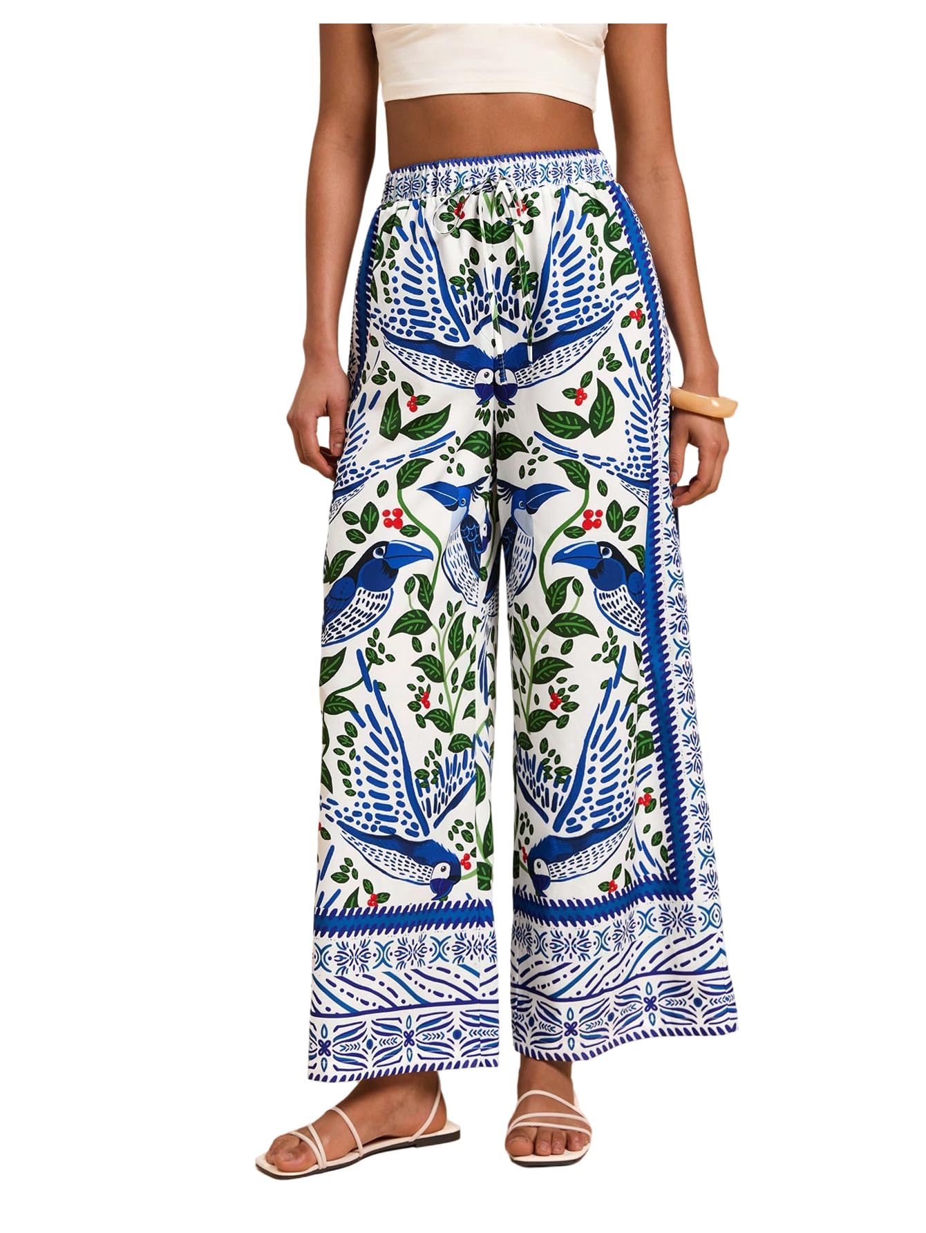 MakeMeChic Womens Tropical Boho Print Wide Leg Palazzo Pants High Waist Drawstring Baggy Trousers