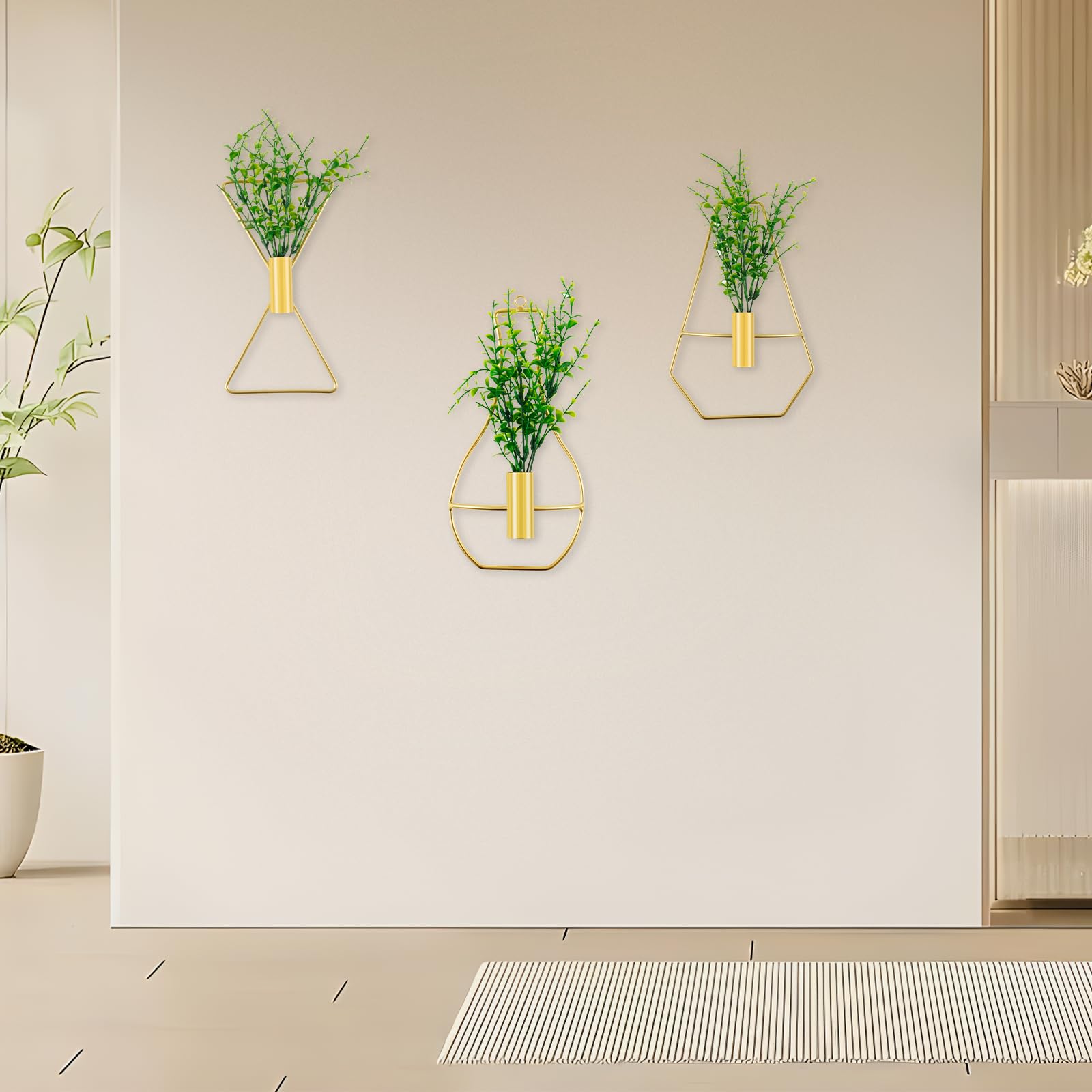 Lot De 3 Vases Muraux En Forme De Diamant Avec Plantes Artificielles - Déco Murale Métal, Style Géométrique Moderne - 6