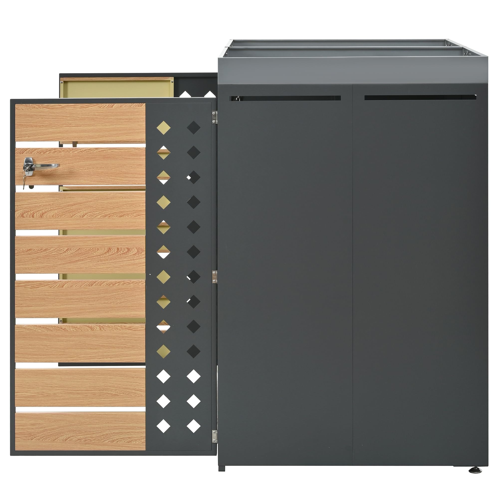 Abri pour poubelles, Panneaux à Grain de Bois horizontaux, Compartiments de Rangement pour poubelles, verrouillable, Deux Portes, Espace pour Plantes, Panneau alvéolaire en Forme de Losange (1)