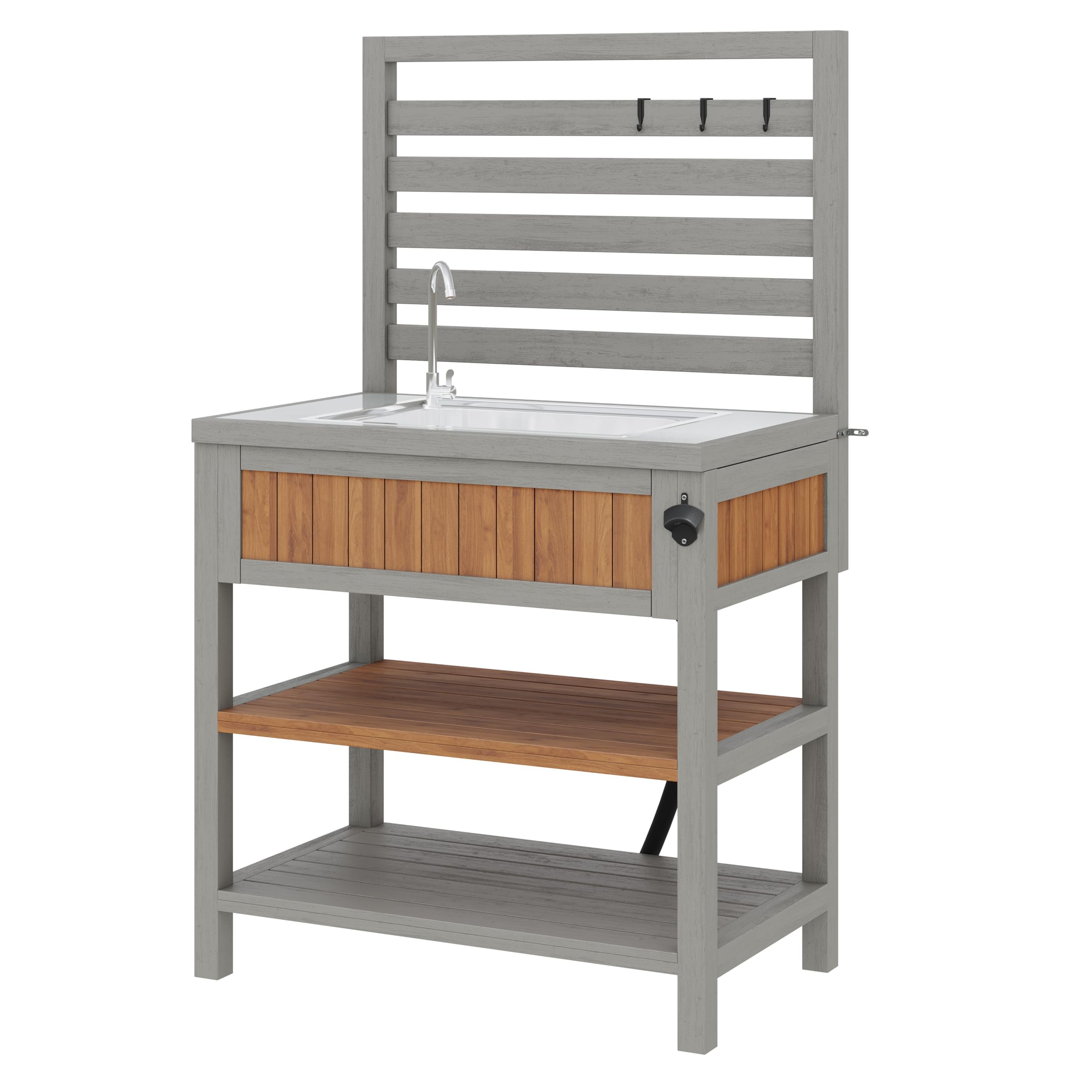 Gartenschrank Holz Outdoor wetterfest Geräteschrank, mit Edelstahl-Arbeitsplatte & großer Schublade, Grillstation mit doppelter Ablage, Kippsicheres Design