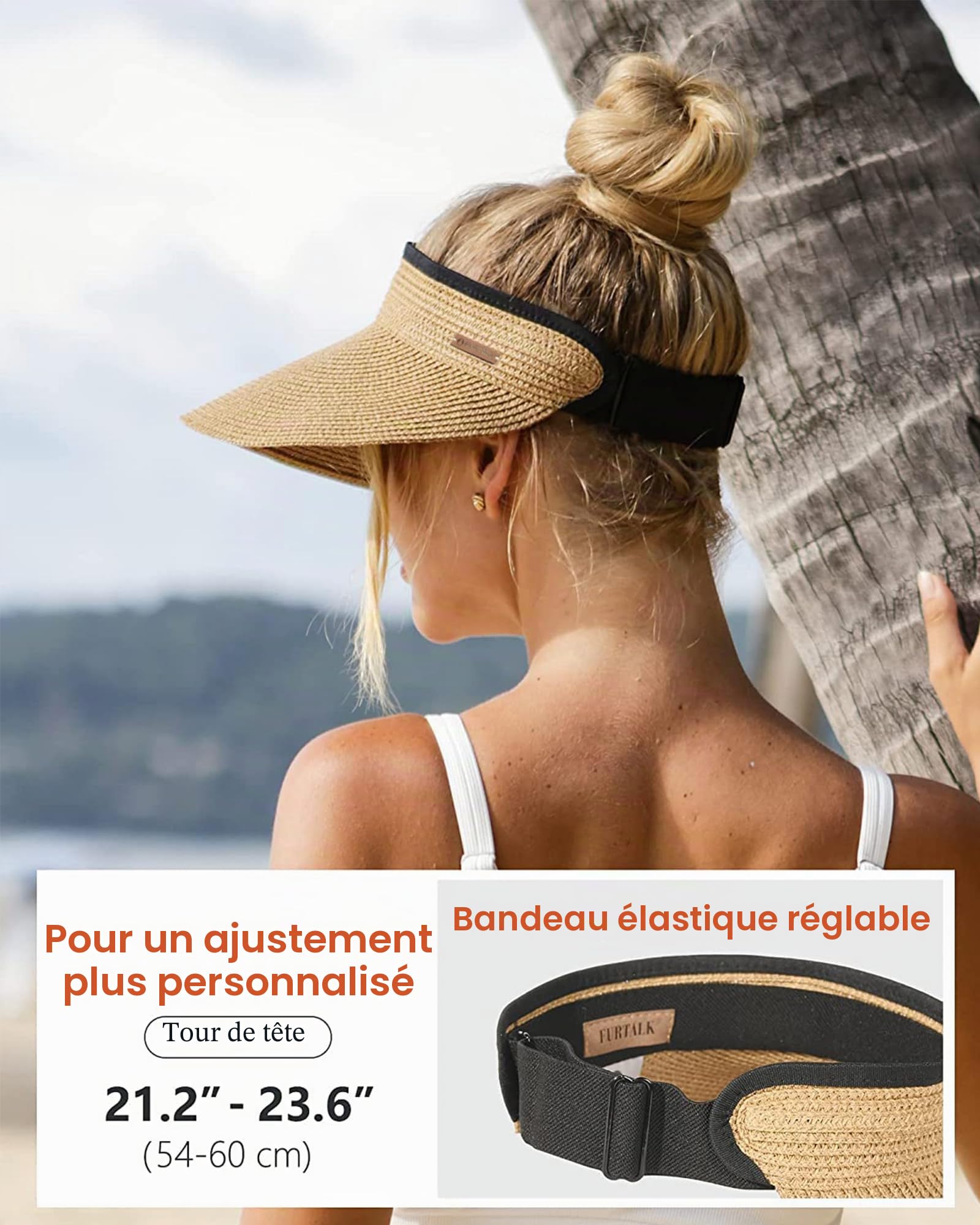 FURTALK Chapeau de Soleil Femme Paille UPF 50+ Pliable Visor Cap