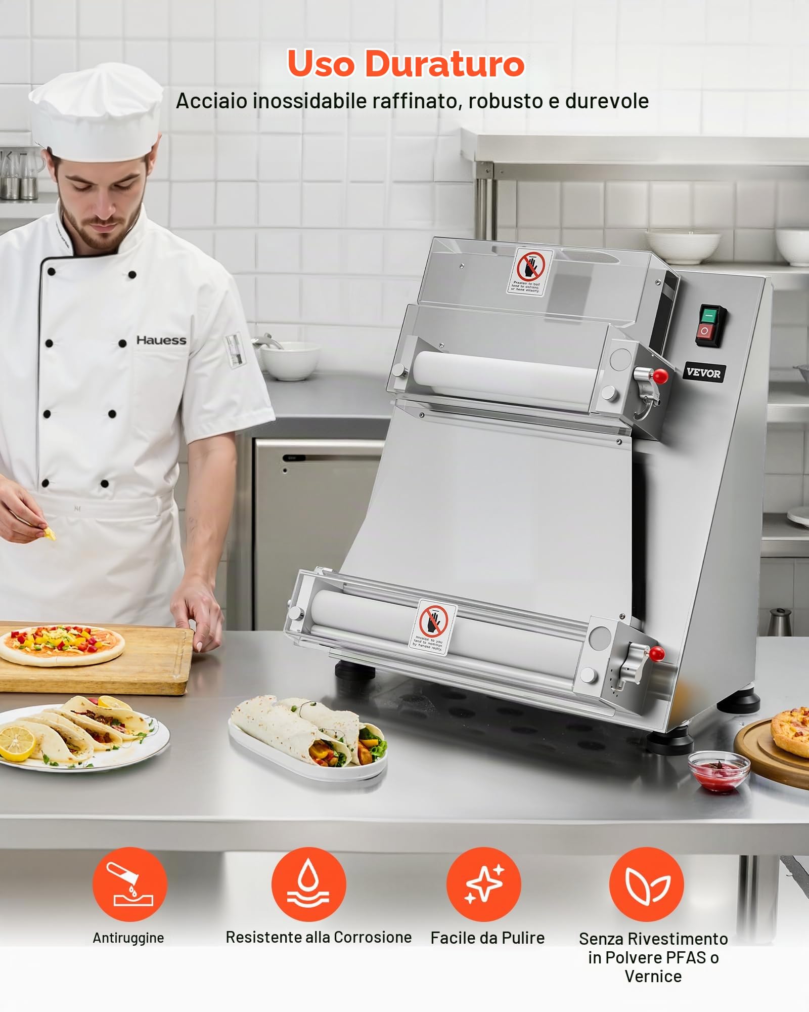 VEVOR Pressa Elettrica per Pizza, Piastra per Pressa per Pasticceria 355,6 mm,390 W, Acciaio Inox, Macchina Formatrice con Spessore Regolabile e Coperchio per Pressa per Pasta, 260 Pezzi/Ora