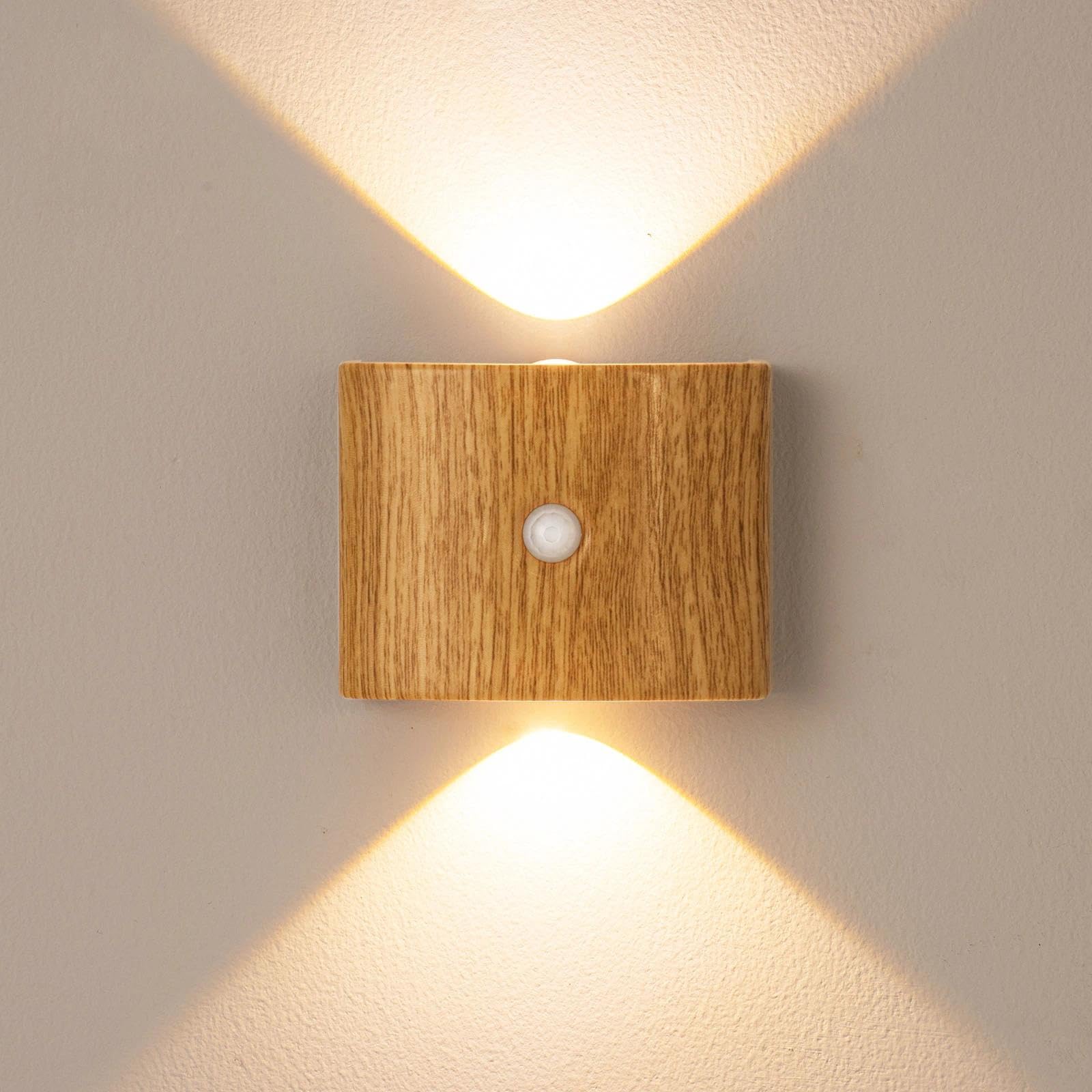 GAOHONGMEI Motion Sensor Night Light, Wireless Rechargeable Wall Lights(Wood Grain,Tricolor Light)