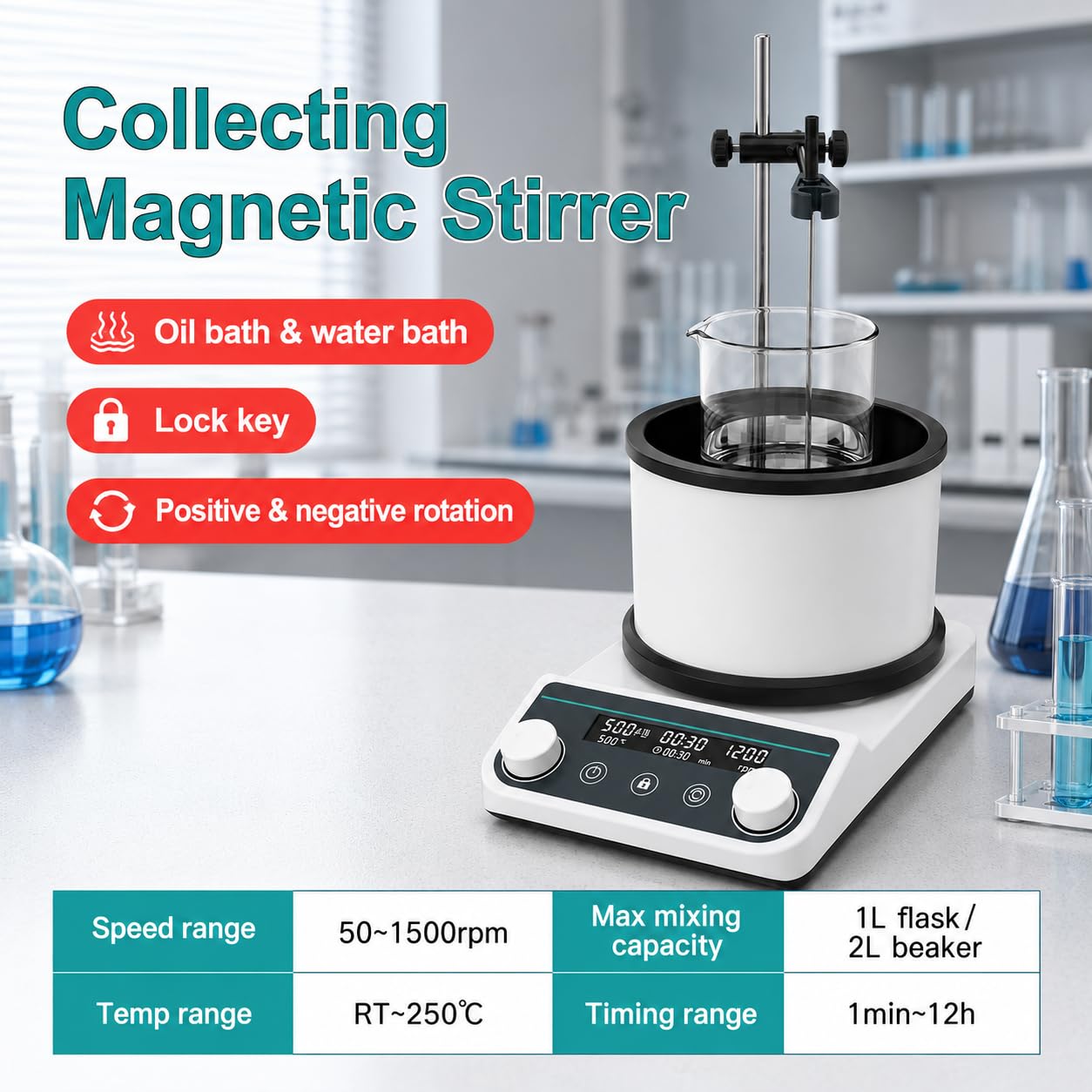 Digitaler Magnetrührer mit Dualbad-Modi, 50-1500 U/min Rühren, 1 min bis 12 h Timer, PT1000 Überwachung, Wasserbad bis 100 °C, Ölbad bis 250 °C