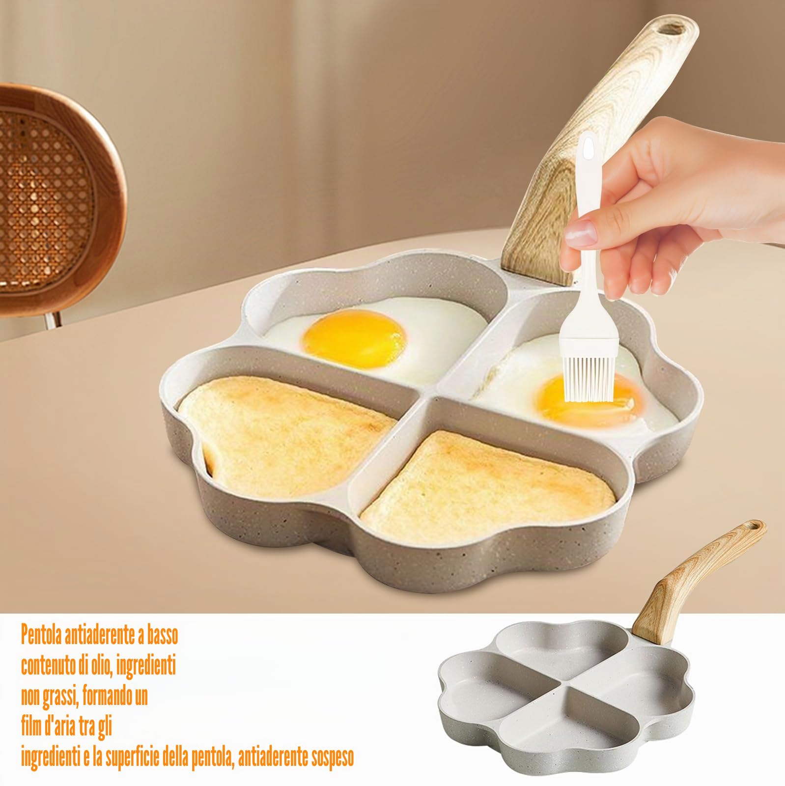 Stufa per uova a forma di cuore, a 4 fori, antiaderente, con 3 spatole in silicone, manico in legno, per pancake, frittelle, frittelle