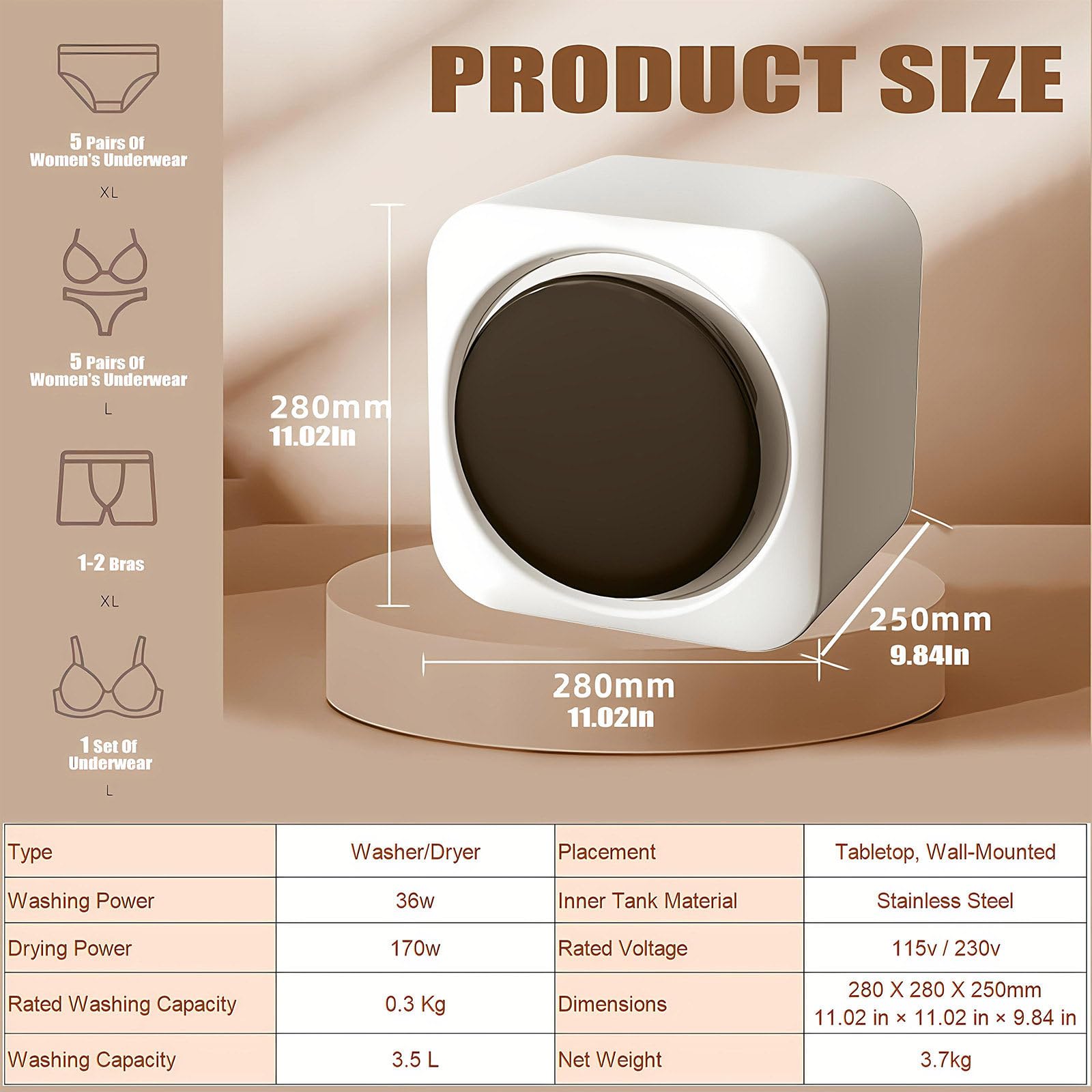 Mini Machine à Laver Et Lave Linge Mural, Lave Linge Séchant 2 En 1 Avec Séchage Haute Température, Portable Ou De Bureau, Sous-Vêtements Et Chaussettes, Tambour En Acier Inoxydable WallMount