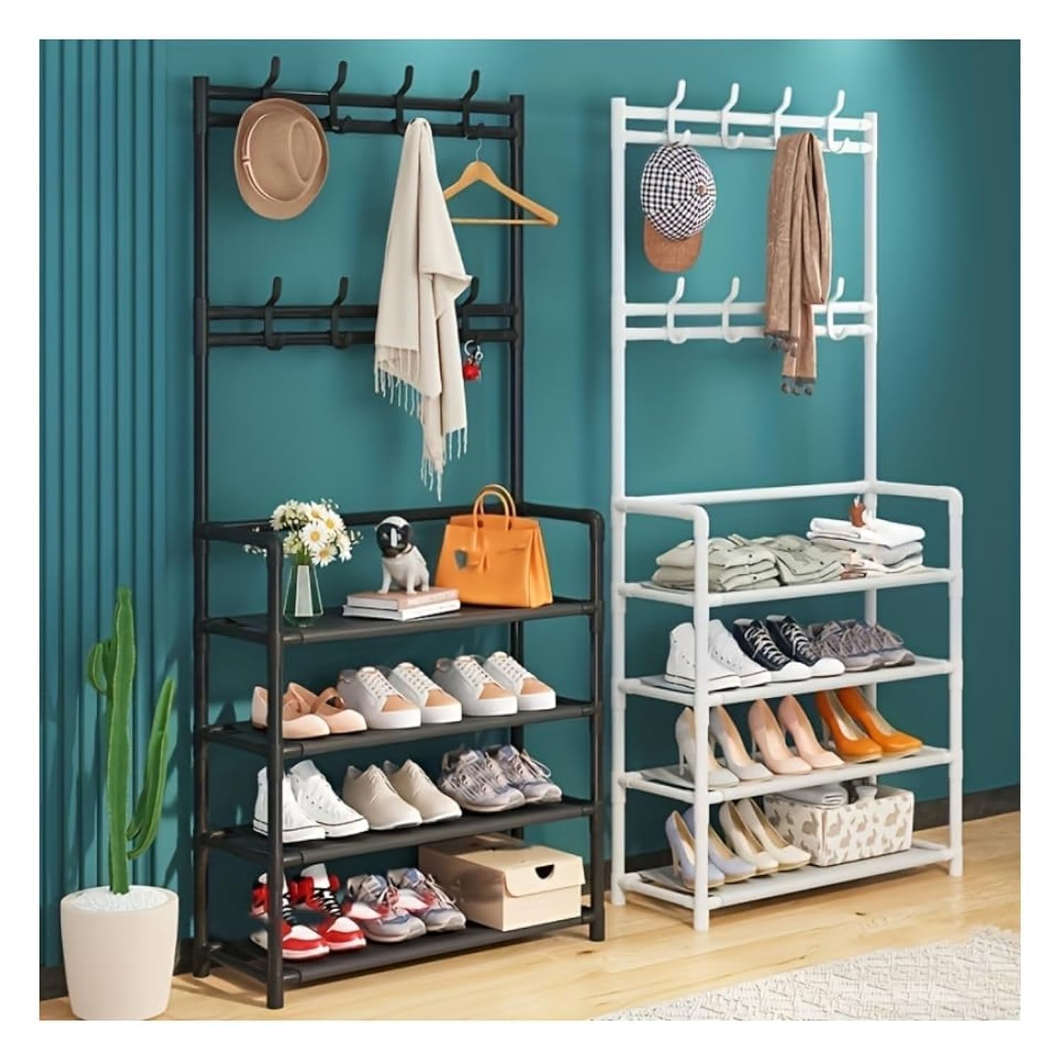 Coat Rack Hall Tree 8 Hooks Hat Shoe Umbrella Storage Shelves Shoe Bench 5 Layers Free Standing, Multi-layer Shoes Rack, Multifunctional Storage Rack, Storage Organizer, Garment Rack(Black)