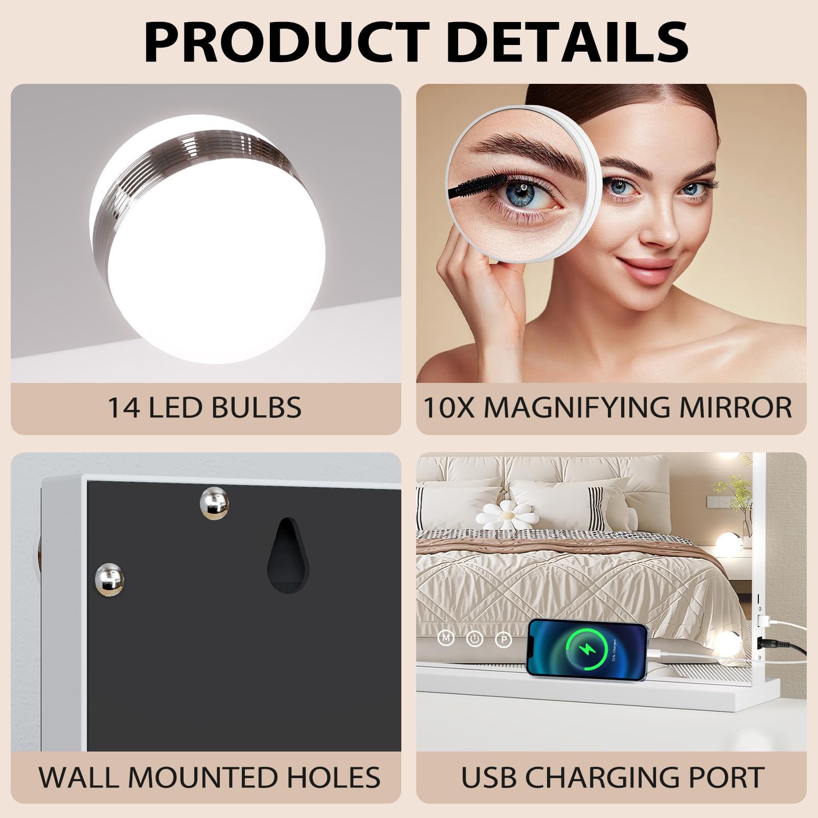 Hollywood Specchio Trucco con Luc, 50x42cm Specchio con Luci 14 LED, 3 Modalità Illuminazione Regolabile, Controllo Tattile, Porte USB, Specchi da Tavolo per La Camera da Letto Spogliatoio