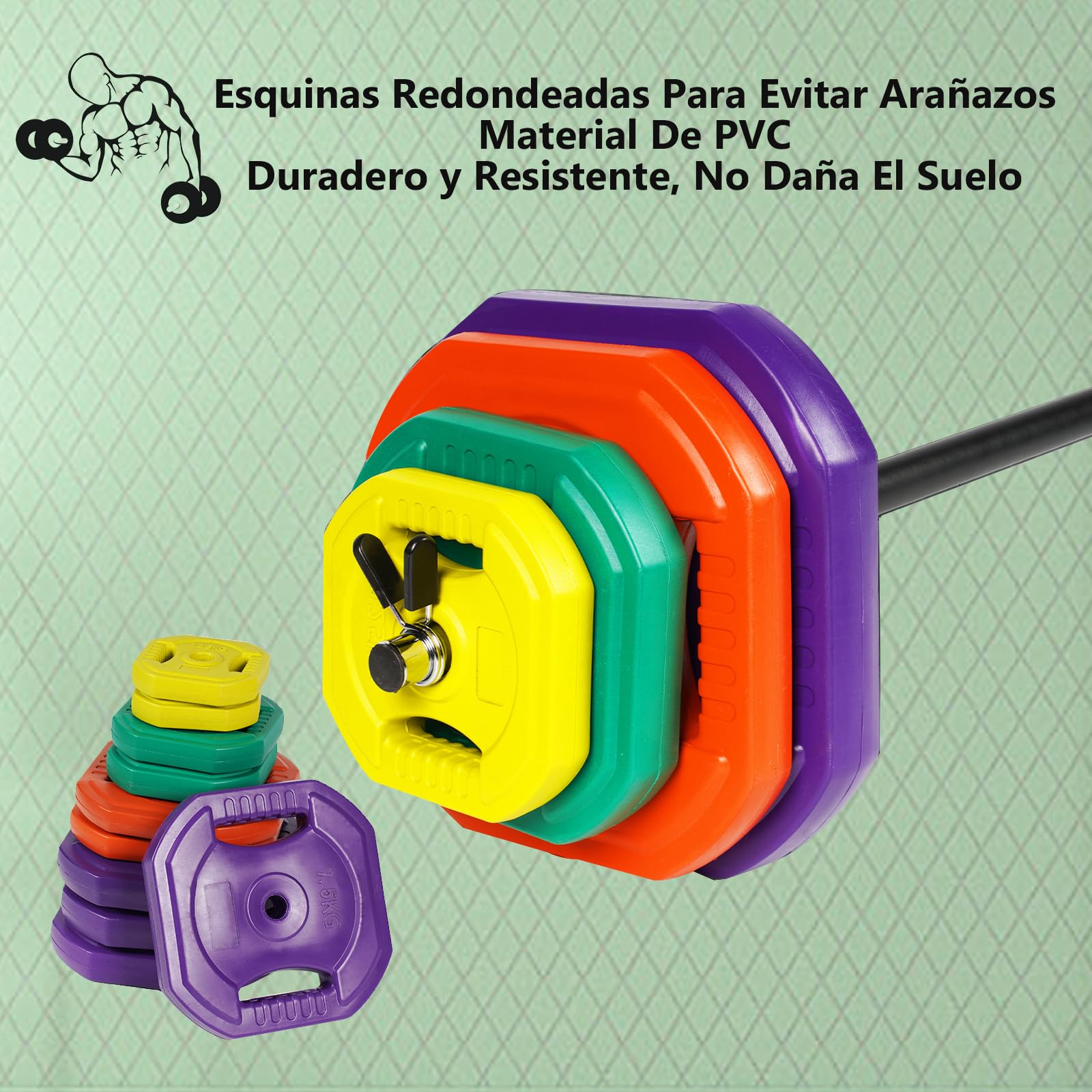 ALLINLIFE Set de Pesas con Barra y Discos, Kit de Musculación con 8 Discos de Colores, 1 Barra de Acero, 2 Cierres de Seguridad