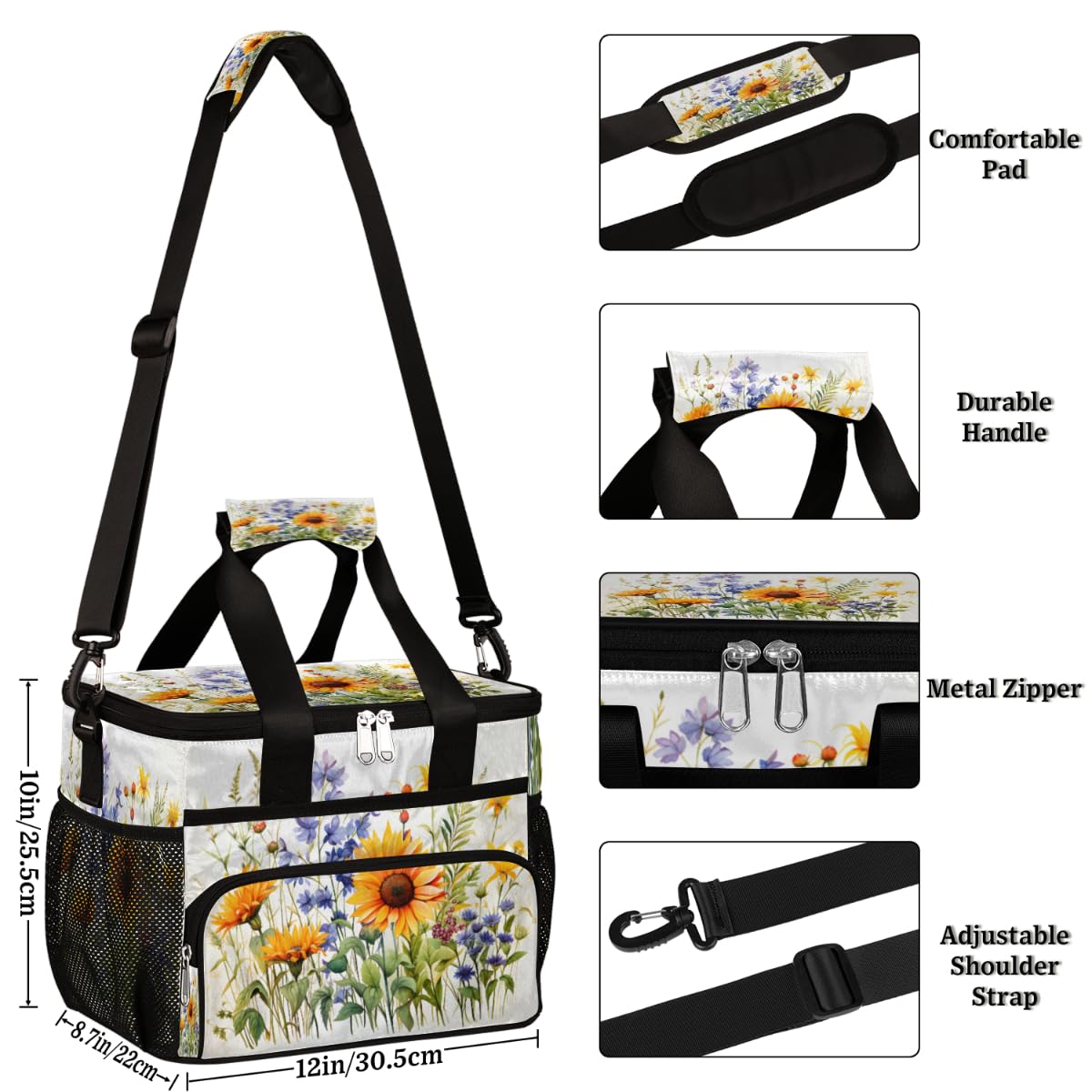 Floret Sunflower Insulated Picnic Backpack Lunch Box for Women Men Picnic Basket Tote Lunch Bag Picnic Bag Portable Lunch Bags for Picnic, Beach, Work, Trip,Office, Camp Wild Flowers
