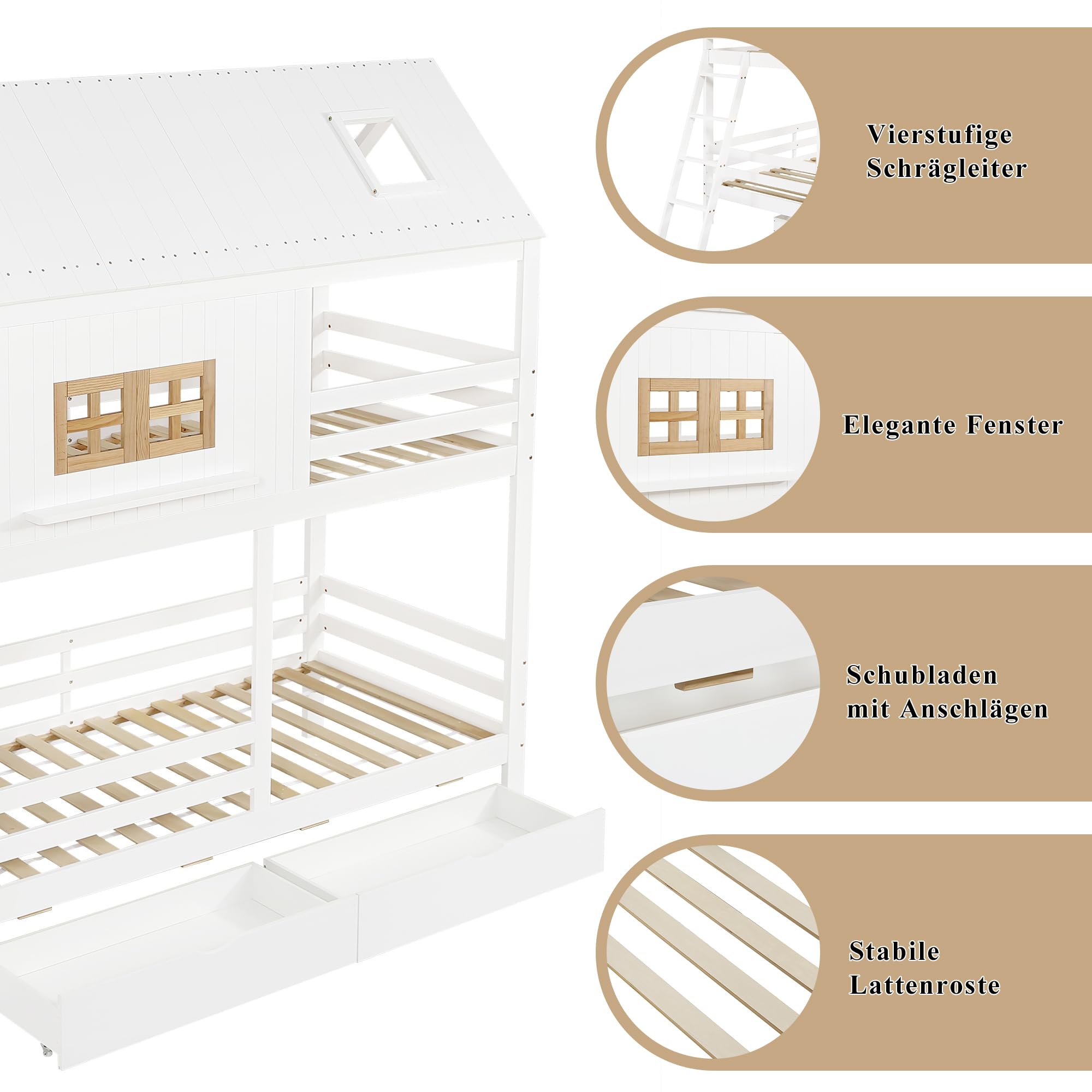 Kinderbett 90x200 cm mit Schubladen und Offene Regale, Etagenbett mit Hausformen und Fenster, Stauraumbett mit Leiter, Holzbett für Kinder und Jugendliche, Weiß+Natur-B(Ohne Matratze)