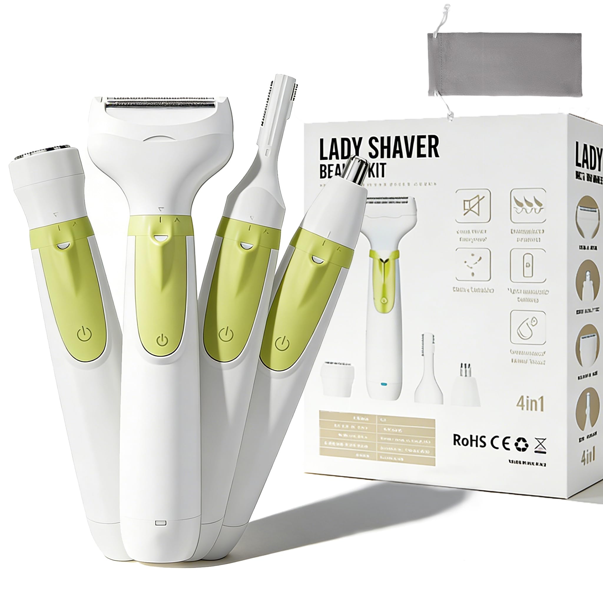 Bikini Trimmer für Frauen - 4-in-1 Elektrorasierer für Gesicht, Körper & Bikini, IPX6 Wasserdicht mit LED-Licht, USB wiederaufladbar & Reisetasche