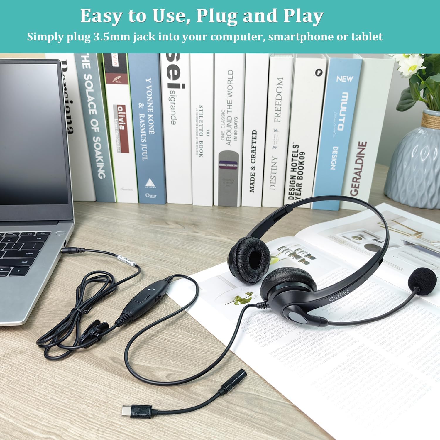 Callez Casque 3,5mm pour PC Téléphone Portable, Oreillette USB-C Filaire avec Micro Anti-Bruit pour iPhone Ordinateur Télétravail Visioconférence Zoom Centre d'Appels, Contrôle en Ligne, Chat Claire