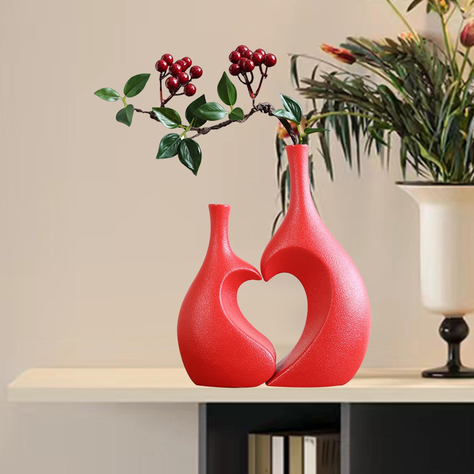 2 Vasi in Ceramica, Vasi Decorativi, Sculture, Portafiori dal Design Moderno a Forma di Cuore E Finitura Opaca per Matrimoni, Regali E Soggiorni, Rosso