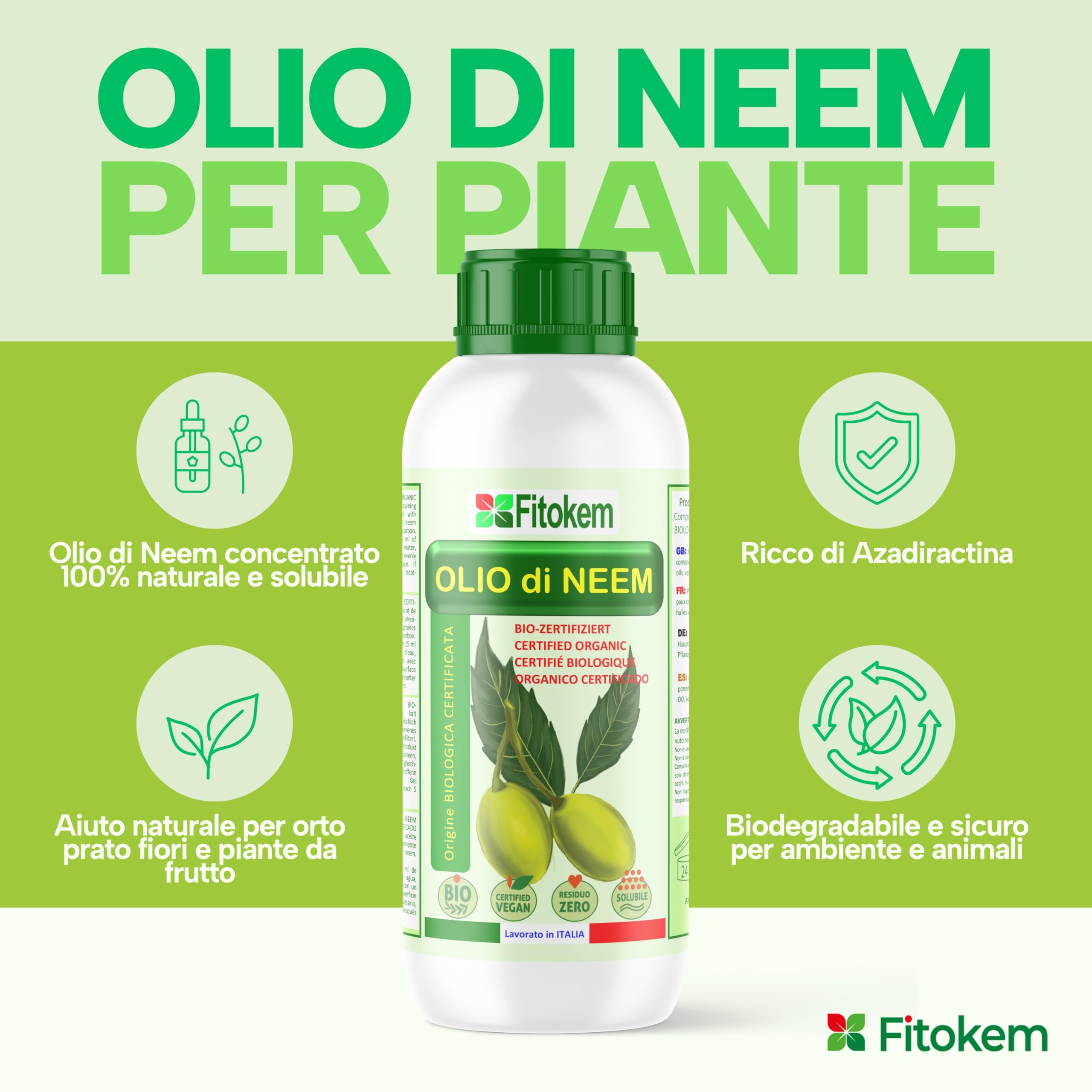 Fitokem Olio di Neem Solubile 1Litro Concentrato Biologico Anti Afidi Cocciniglia Pidocchi