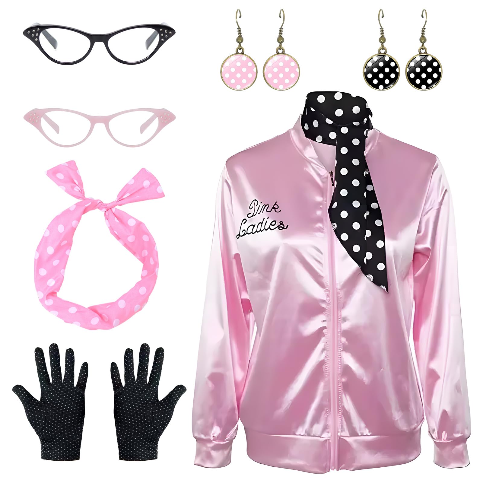 Suffolly Pink Lady Jacket 50s Pink Ladies Grease Outfit with Accessories Earrings Glasses Scarf Headband 1950s Costume Set Fancy Dress for Women Halloween 90S 80s Party (Suit A - Image 2
