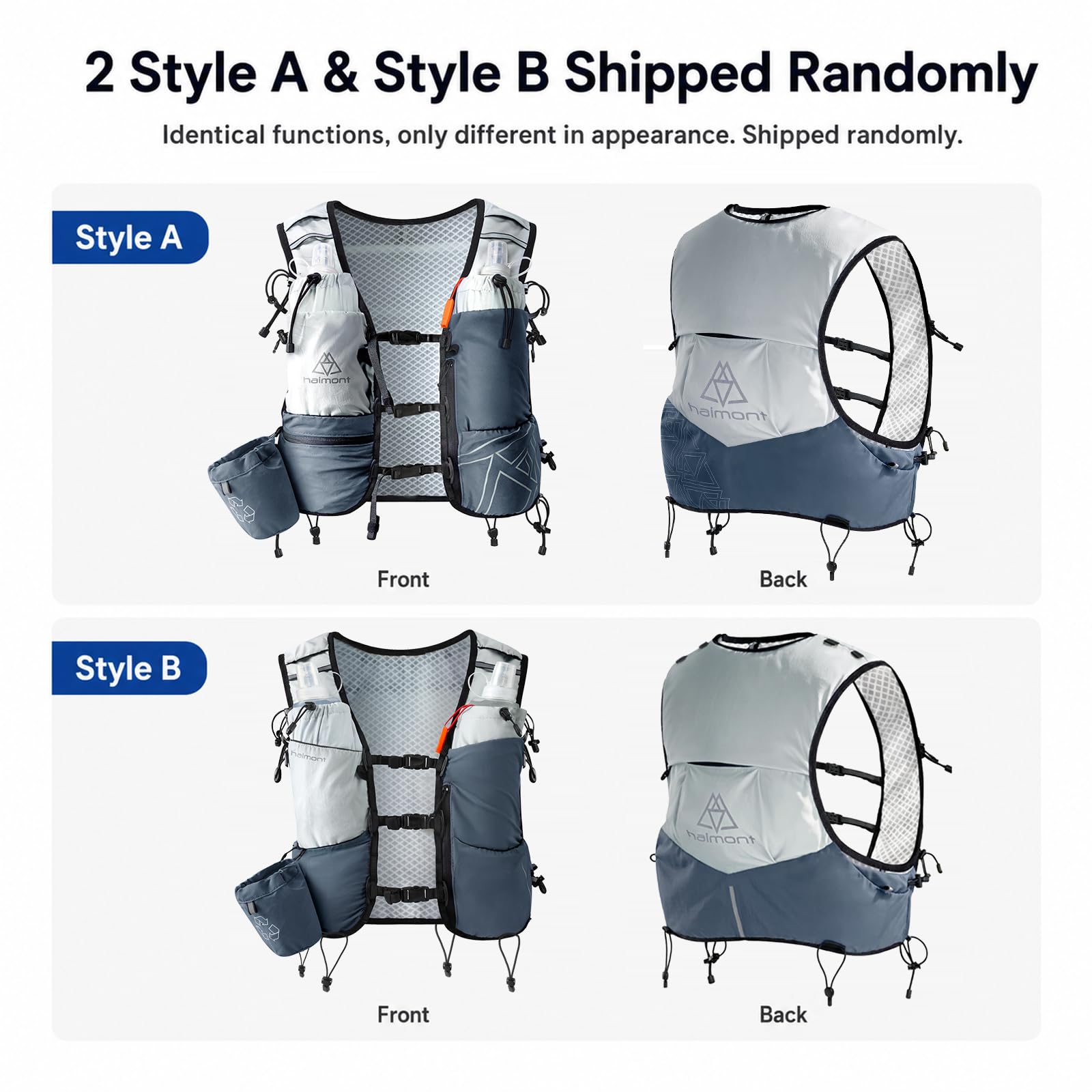 Haimont Gilet da corsa con borracce per donne e uomini, regolabile, leggero, 8 l, con fiaschette morbide, per trail running