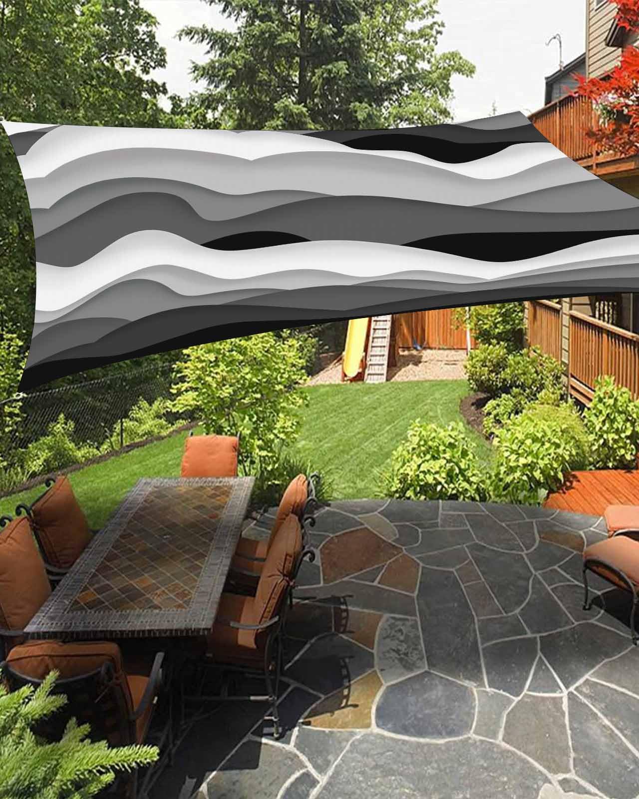 Black Grey Sun Sail Shades Rectangle Canopy,Sunlight Block Heavy Duty Curved Backyard Shade Cover,Waterproof Sun Shades for Patios Garden Outdoor,12'x16' Contemporary Simple White Ocean Sea Waves