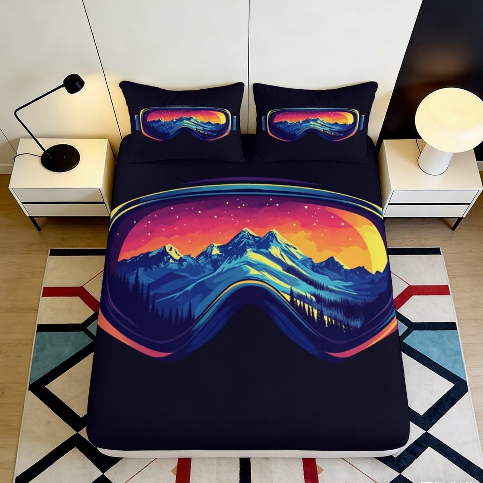 3D Printed Ski Mountain View Fitted Sheet Microfiber Soft Colorful Sunset Mattress Cover for Bedroom Dorm 160x200x25cm