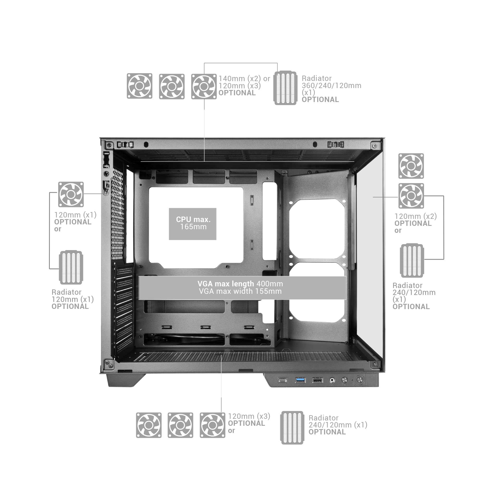 Mars Gaming MC-MIRAGE, Case Gaming ATX, Schermo LCD IPS 7,2” Personalizzabile, Vetro Temperato Continuo Frontale e Laterale, Struttura Doppia Camera, Supporto Raffreddamento Liquido fino 360mm, Nero