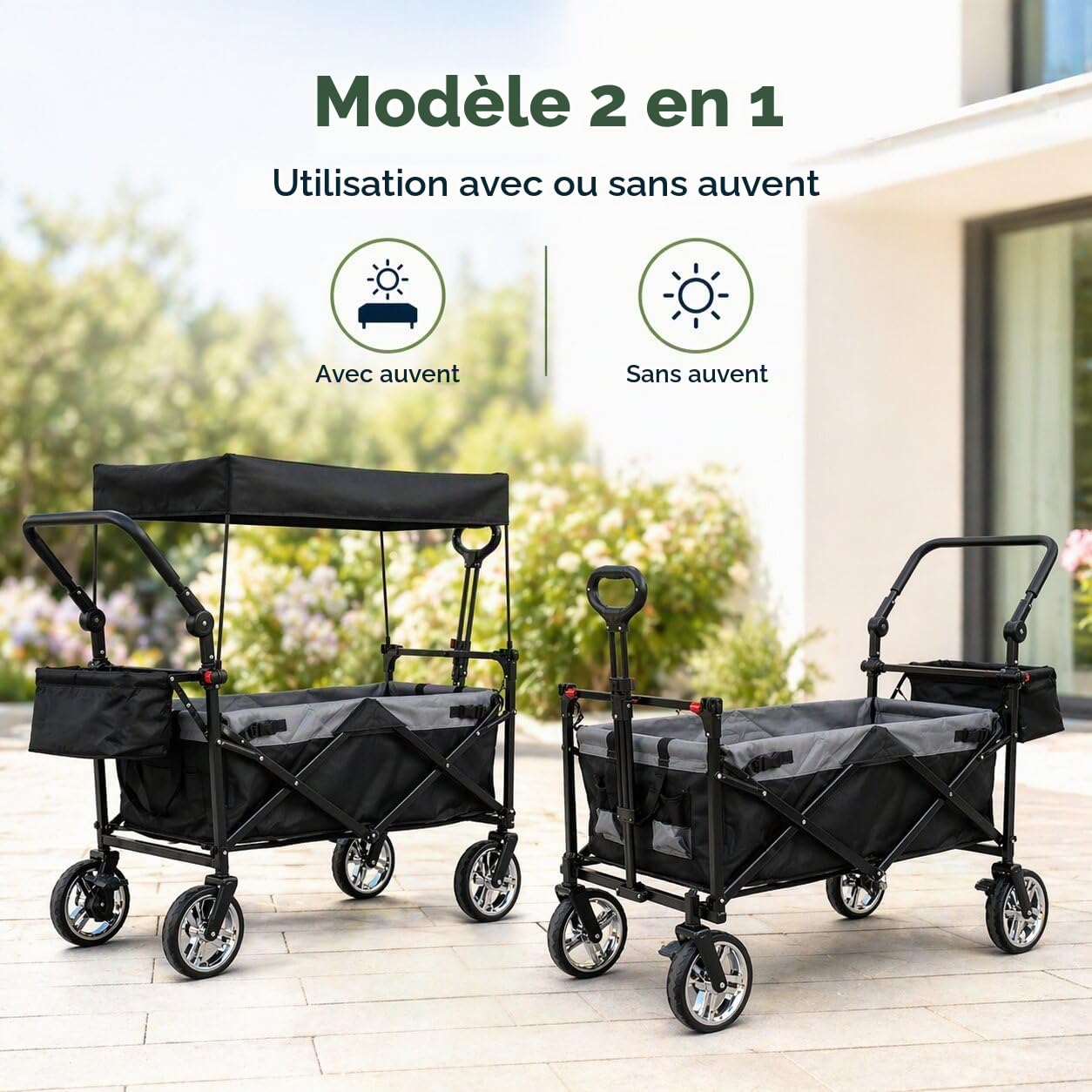 Chariot pliable avec toit, 105 l, 100 kg, poignée de poussée et barre de traction télescopique, 2 freins de stationnement + frein central arrière, système de ceinture à 3 points, poche arrière XXL