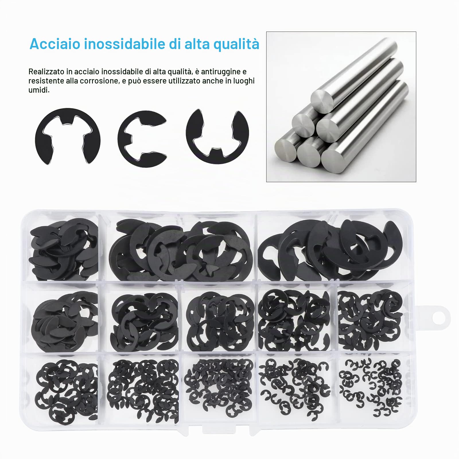 HSEAMALL 400PCS anello di tenuta esterno E-Clip 1,5 mm-15 mm 13 dimensioni a scatto anello a clip