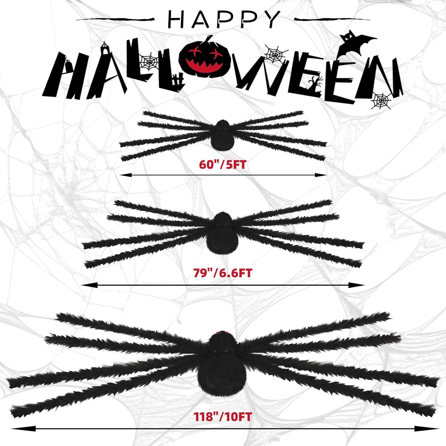 3 Pack Giant Spider Halloween Decorations (10FT, 6.6FT, 5FT) - Realistic Scary Large Fake Spiders for Indoor Outdoor Yard, Garden, Lawn Decor