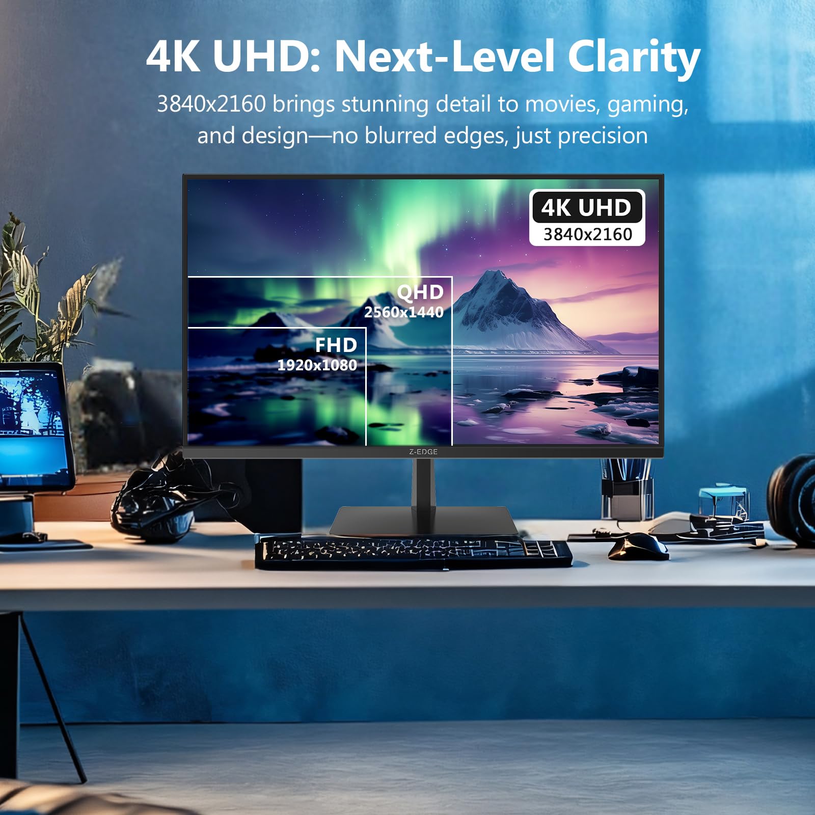 Z-Edge 27 Zoll 4K Monitor 120Hz UHD Gaming Monitor 3840x2160 IPS HDMI 2.1 | PC Bildschirm 16:9, 1ms MPRT, 250cd/m², FreeSync, HDR10, DP 1.4, HDMI 2.1, VESA Kompatibel, Schwarz