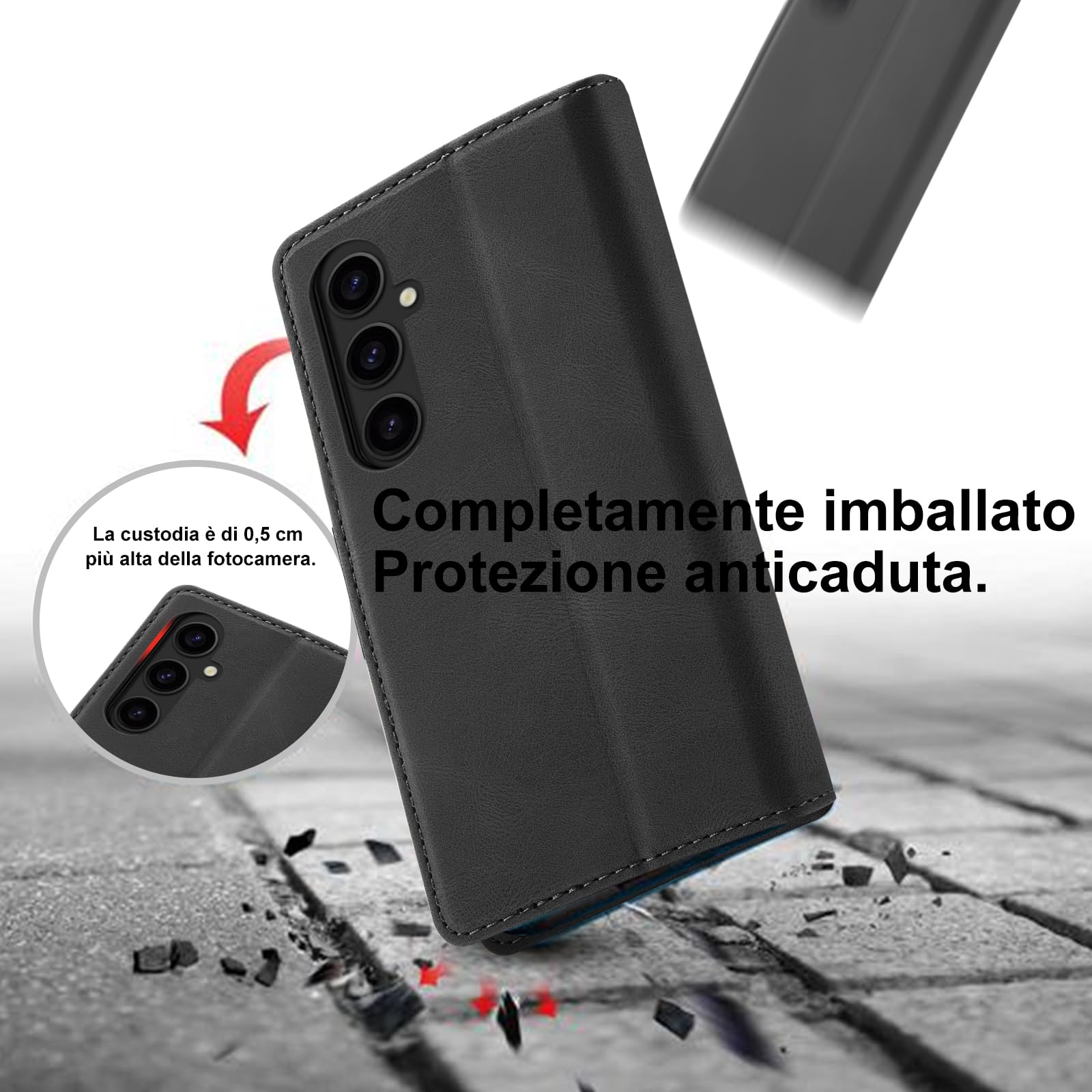 Giyer Cover per Samsung Galaxy S24 Custodia con Vetro Temperato, Premium PU Portafoglio Slot per Scheda RFID Antifurto Funzione Supporto Flip Case, Antiurto per Samsung S24 5G Cover (Nero)