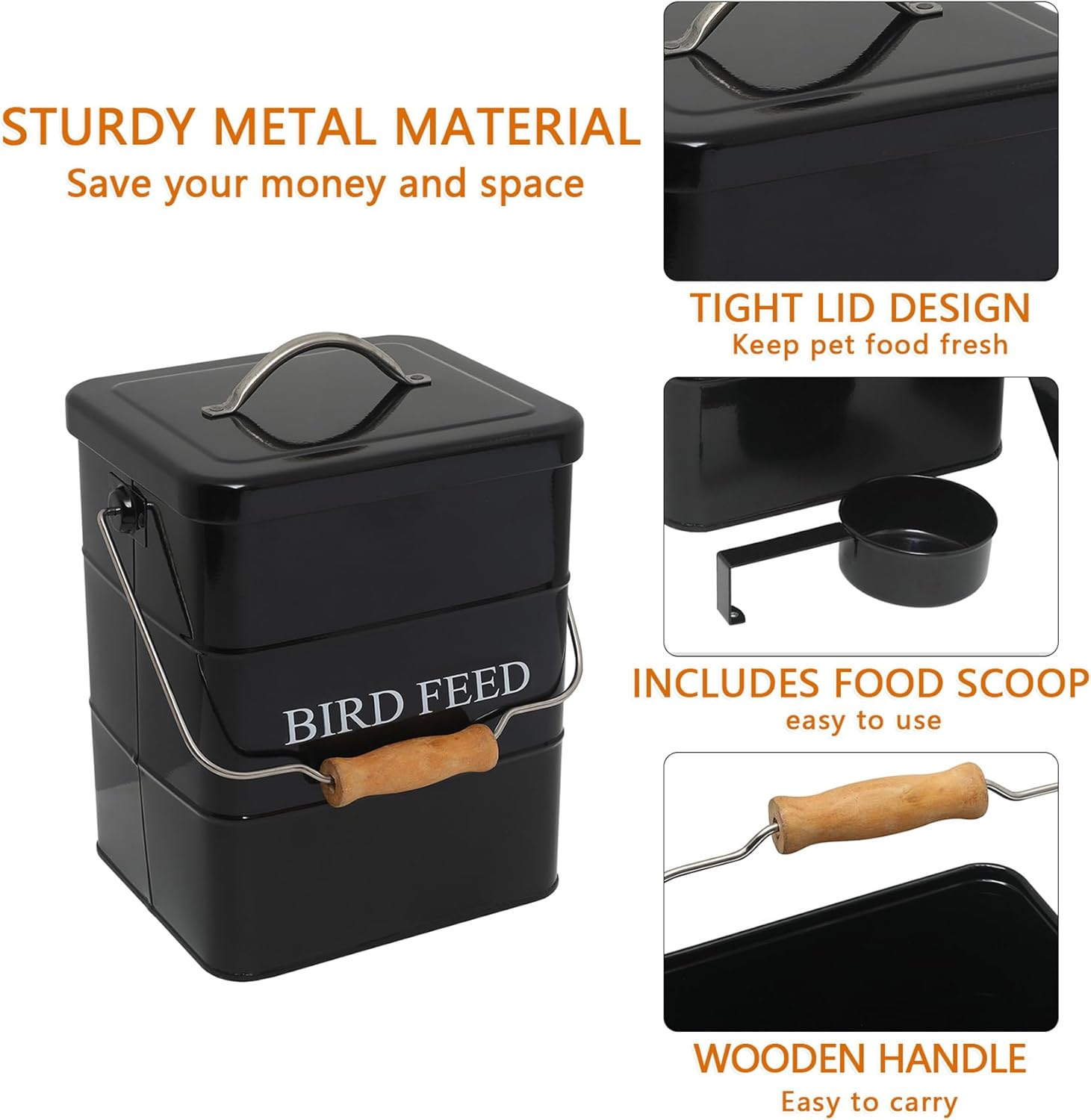 Morezi Bird seed and feed storage tin with lid Included - white-coated carbon steel - tight fitting lids - storage canister tins - Black