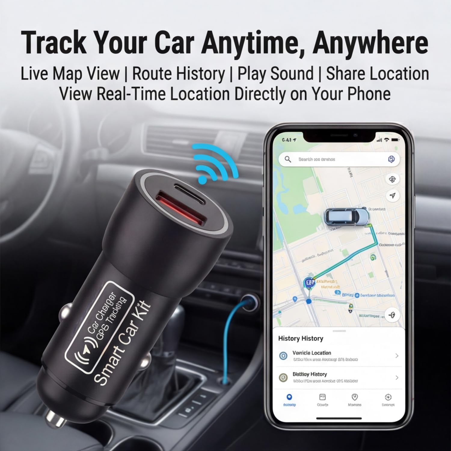 Tracker GPS e caricabatterie per auto, localizzatore GPS per veicoli, localizzatore GPS per antifurto nascosto e posizione di parcheggio in tempo reale, senza canone mensile, nessuna scheda SIM, solo