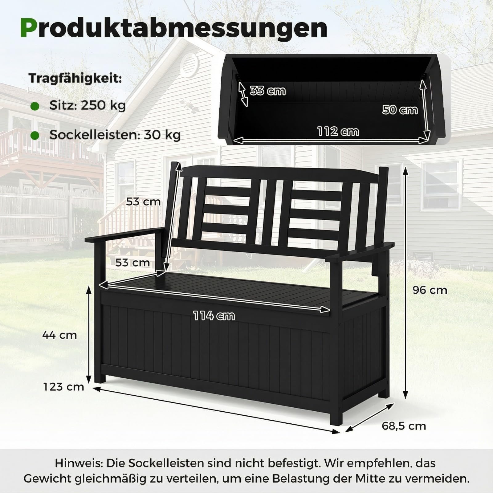 COSTWAY Gartenbank Holz mit Stauraum, wetterfeste Truhenbank, 2-Sitzer Holzbank mit integrierter Kissenbox, Balkonbank, Sitzbank für Garten, Balkon, Terrasse, 123 x 68,5 x 96 cm (Schwarz)