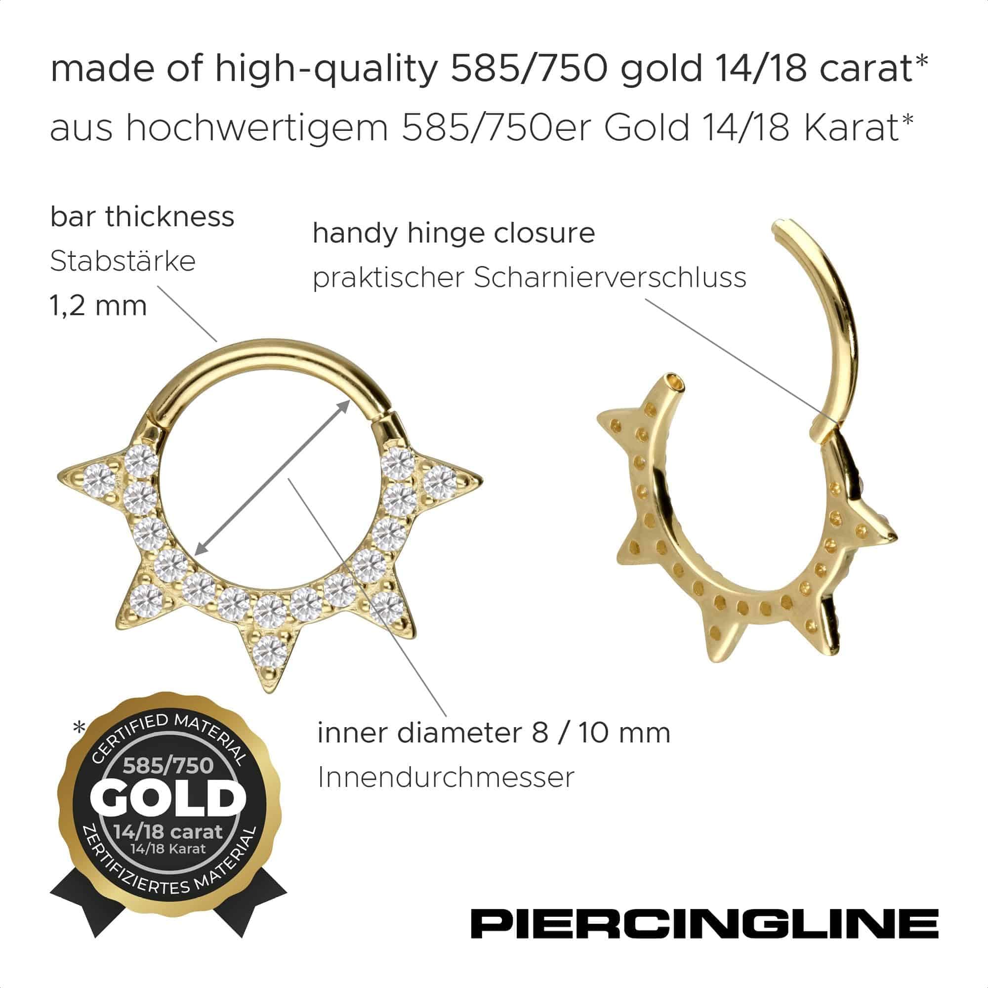 PIERCINGLINE Piercing Ring 14K Gold Segmentring Clicker EINGEFASSTE MOISSANITE + SPITZEN 585er Gold - Goldfarben