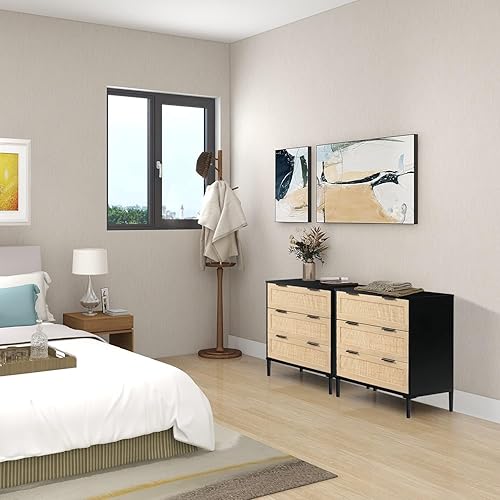 Miniatura 9 de HOPUBUY Cómoda de 3 cajones para dormitorio, cómoda de ratán moderna cómoda de armario, cómoda de madera negra con 3 cajones para dormitorio de