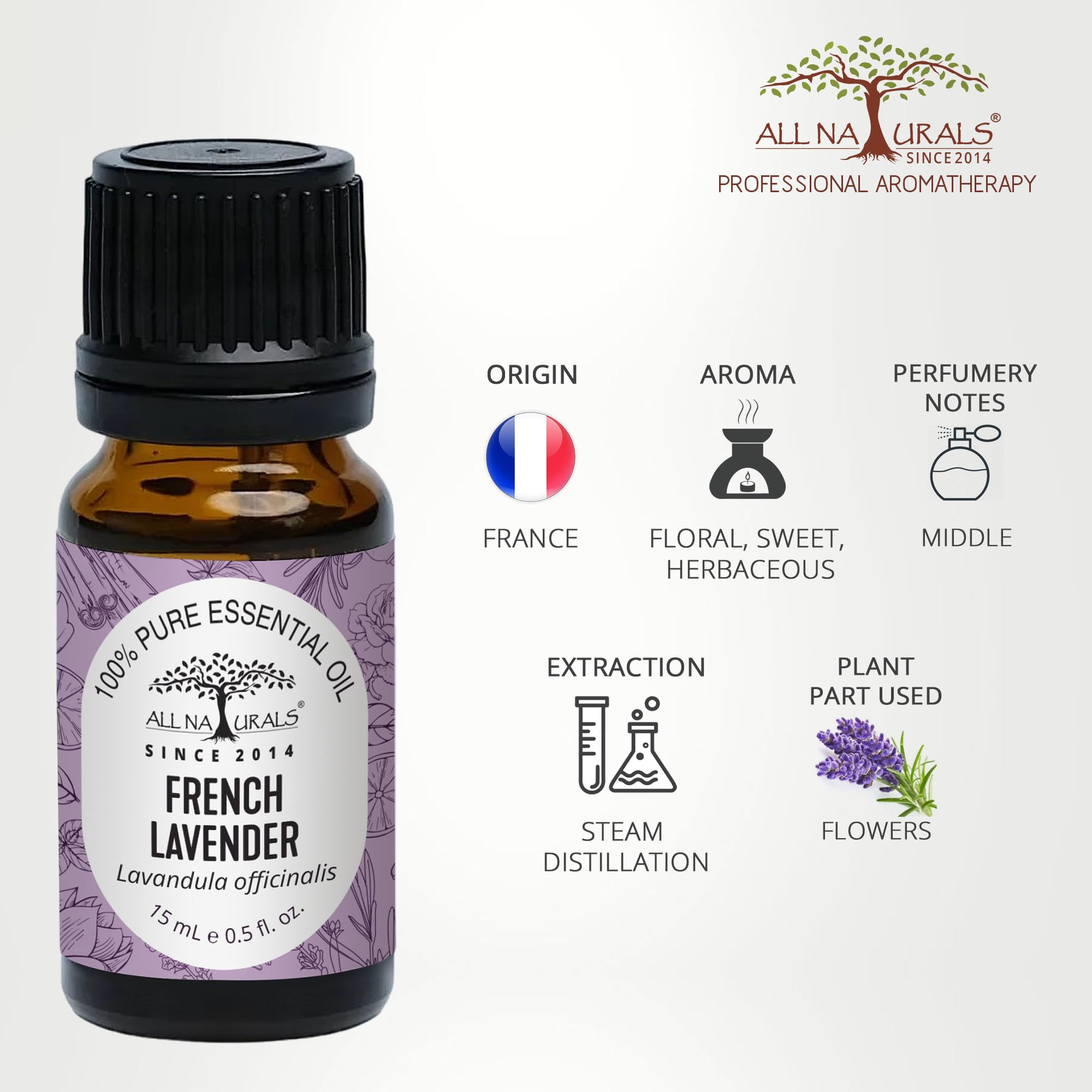All Naturals Lavender Essential Oil (France) 100% Pure for Sound Sleep, Stress, Dry Skin, Shiny Hair & Acne - 15 mL